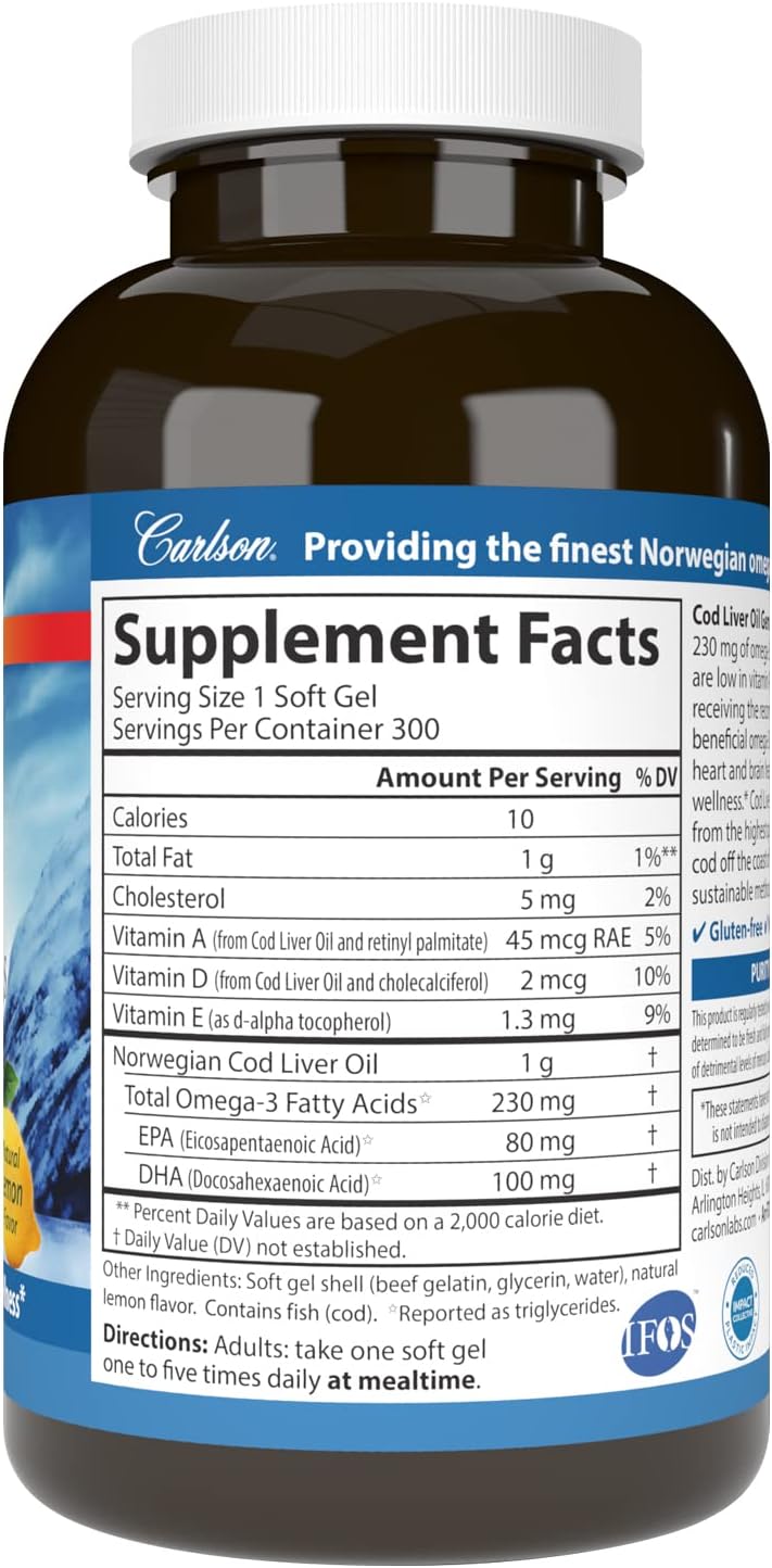 Carlson – Gemas de aceite de hígado de bacalao, baja vitamina A, 230 mg de omega-3, noruego, capturado en la naturaleza, de origen sostenible, 300