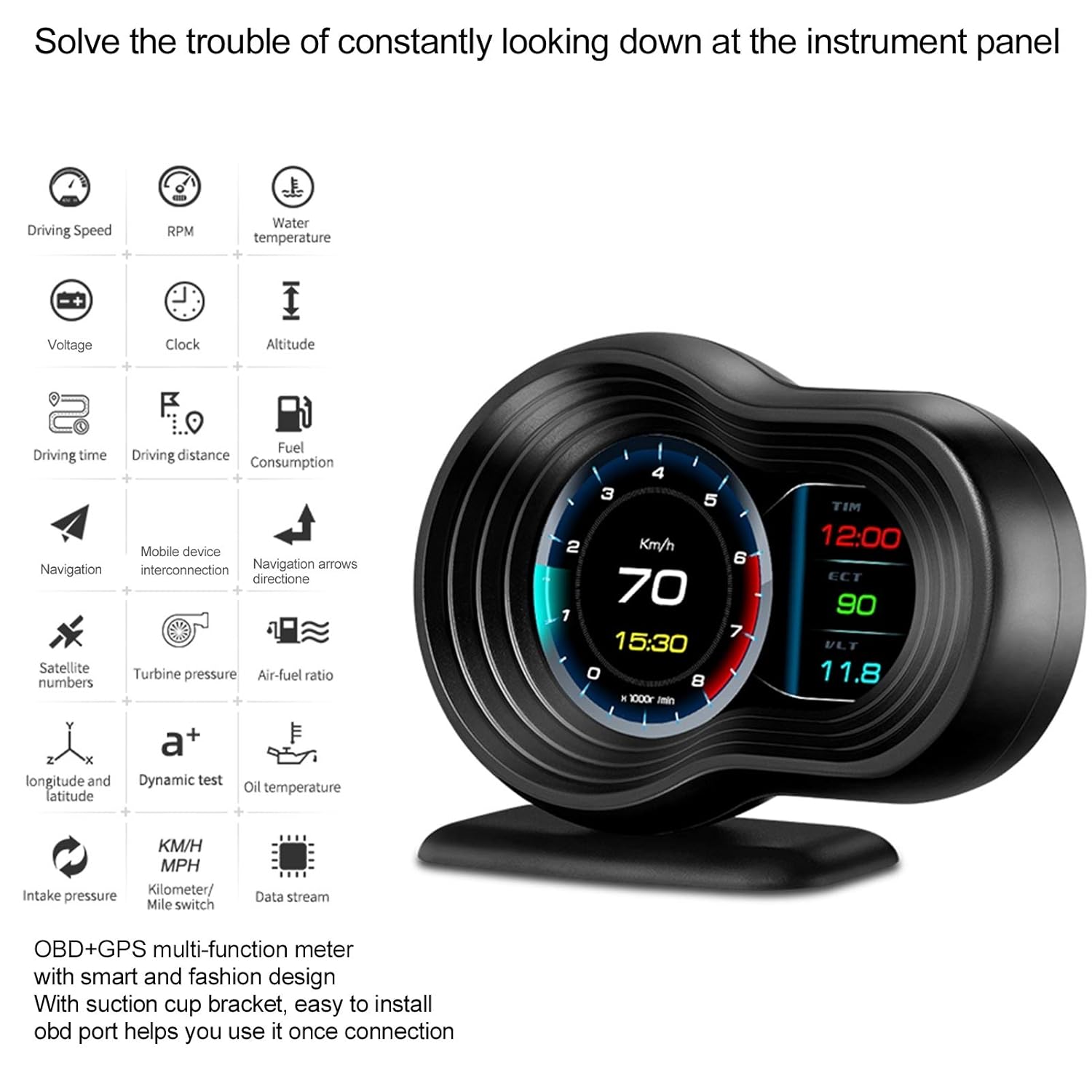 Qiilu Head Up Display, Universal Head Up Pantalla LCD OBD2+GPS Auto HUD Monitor Proyector multifuncional para vehículos que cumplen con los