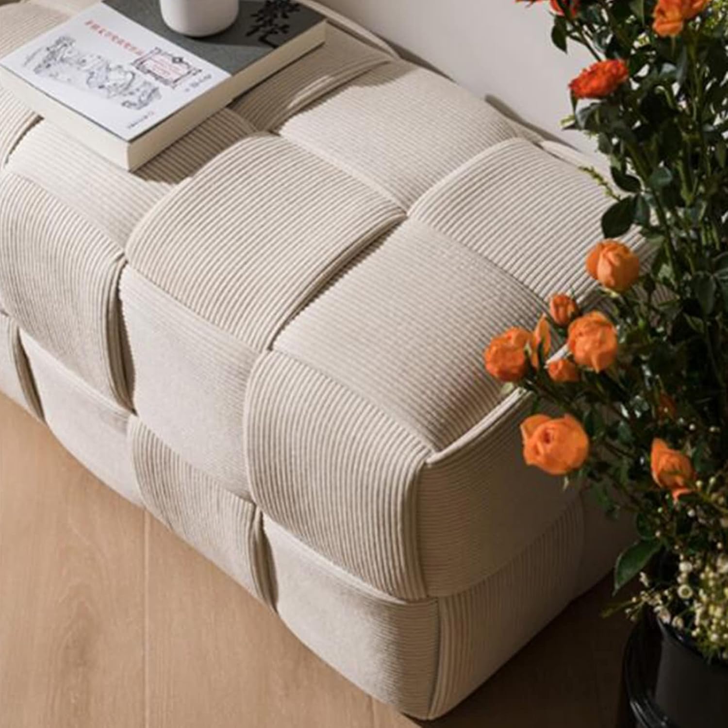 QQXX Puf otomano tejido hecho a mano, taburete tapizado de terciopelo, moderno reposapiés cuadrado acolchado para sala de estar, dormitorio, entrada
