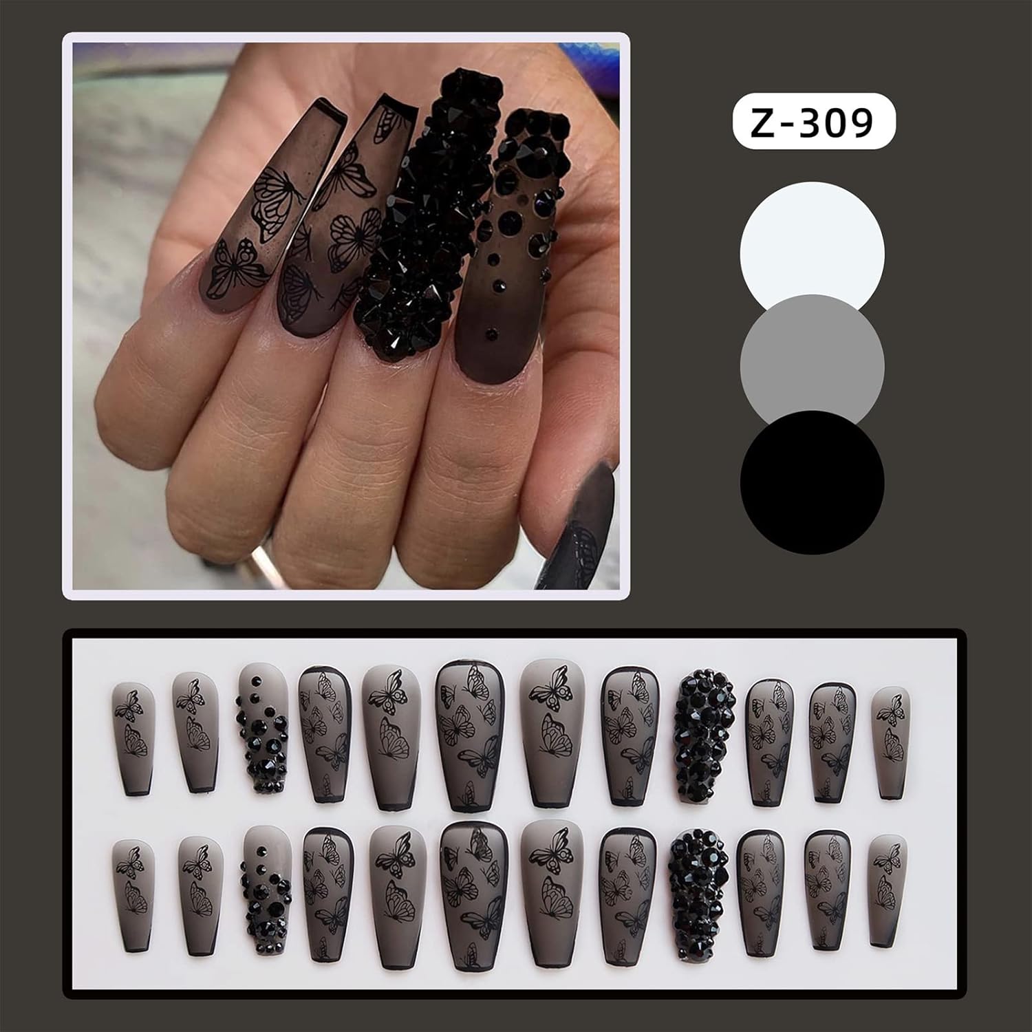 VOTACOS Uñas postizas largas a presión, uñas postizas negras con diamantes de imitación 3D, diseño de mariposa, mate, cobertura completa, uñas
