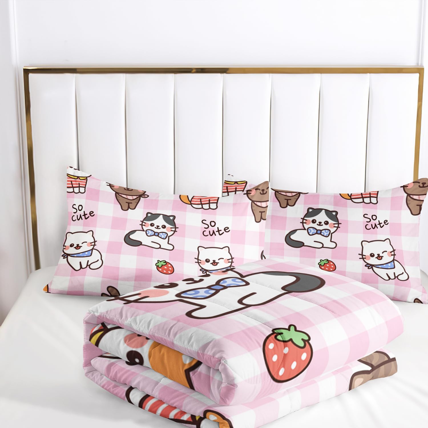 AILONEN Juego de edredón de gato tamaño matrimonial, lindo juego de ropa de cama para niños con diseño de fresas y gatos para decoración de