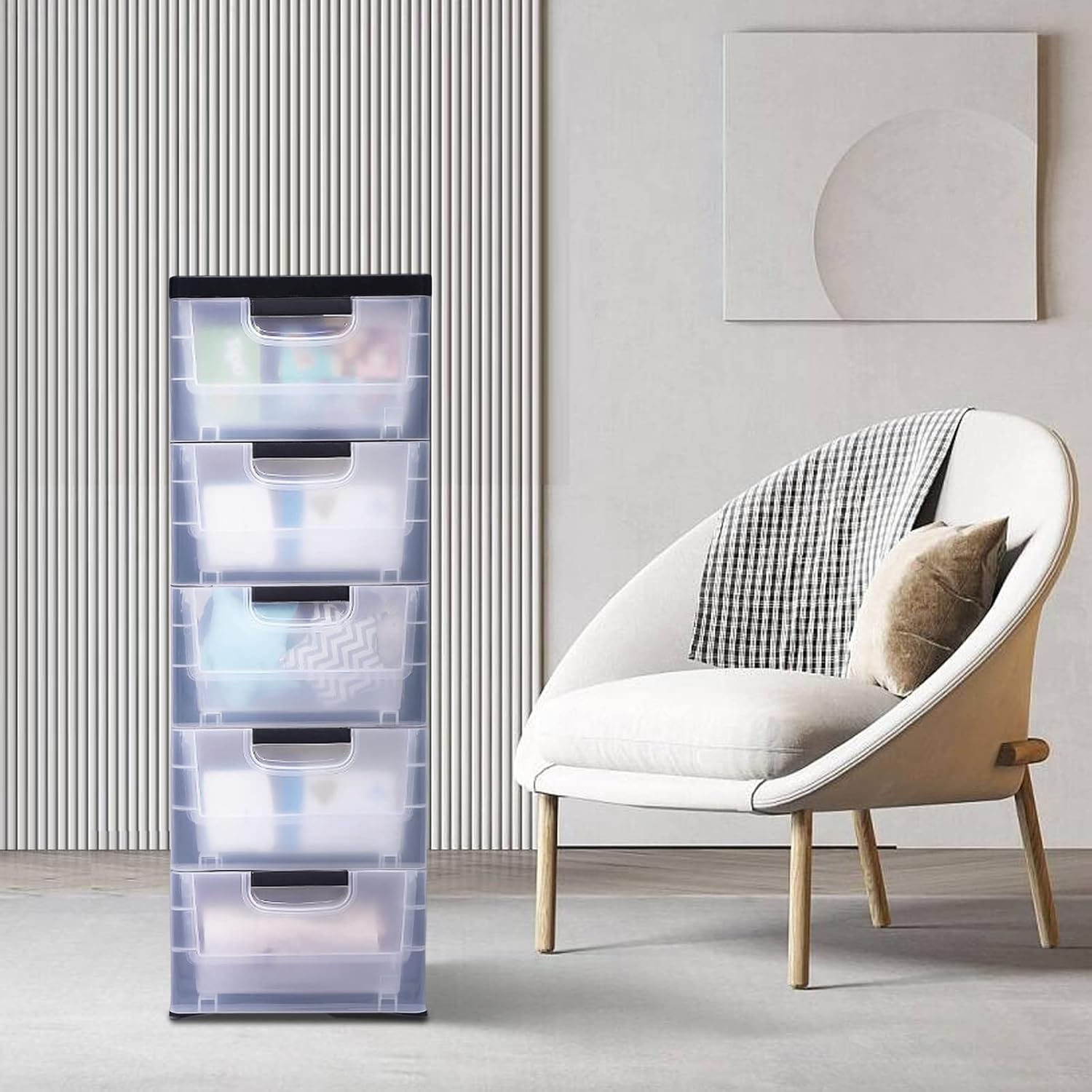 Gabinete de almacenamiento de plástico con 5 cajones, caja de almacenamiento vertical apilable para ropa, organizador de torre con puertas