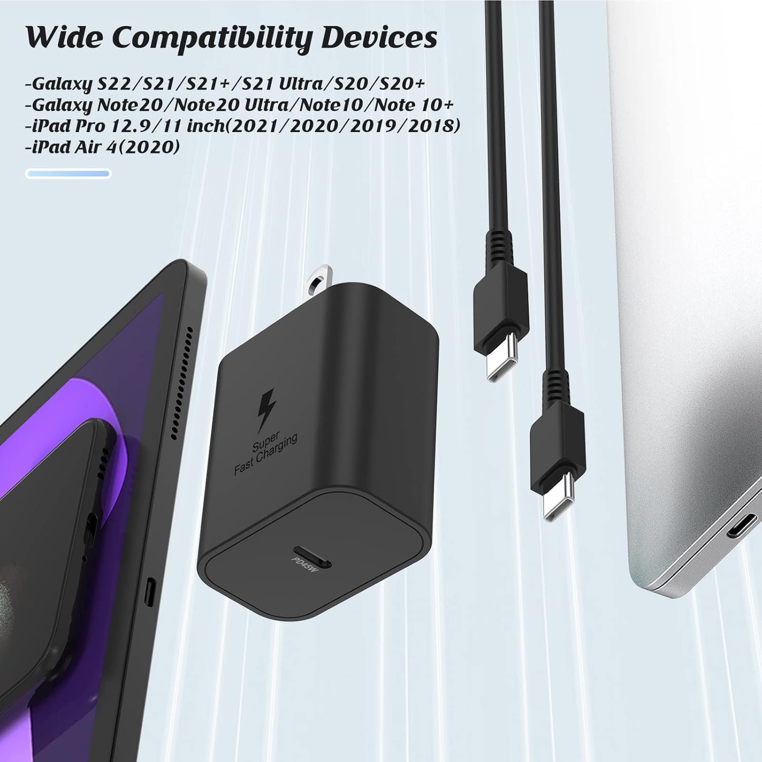 Paquete de 2 cargadores súper rápidos de 45 W tipo C, enchufe USB C de carga de pared y cable de cargador de teléfono Android de 6 pies para Samsung