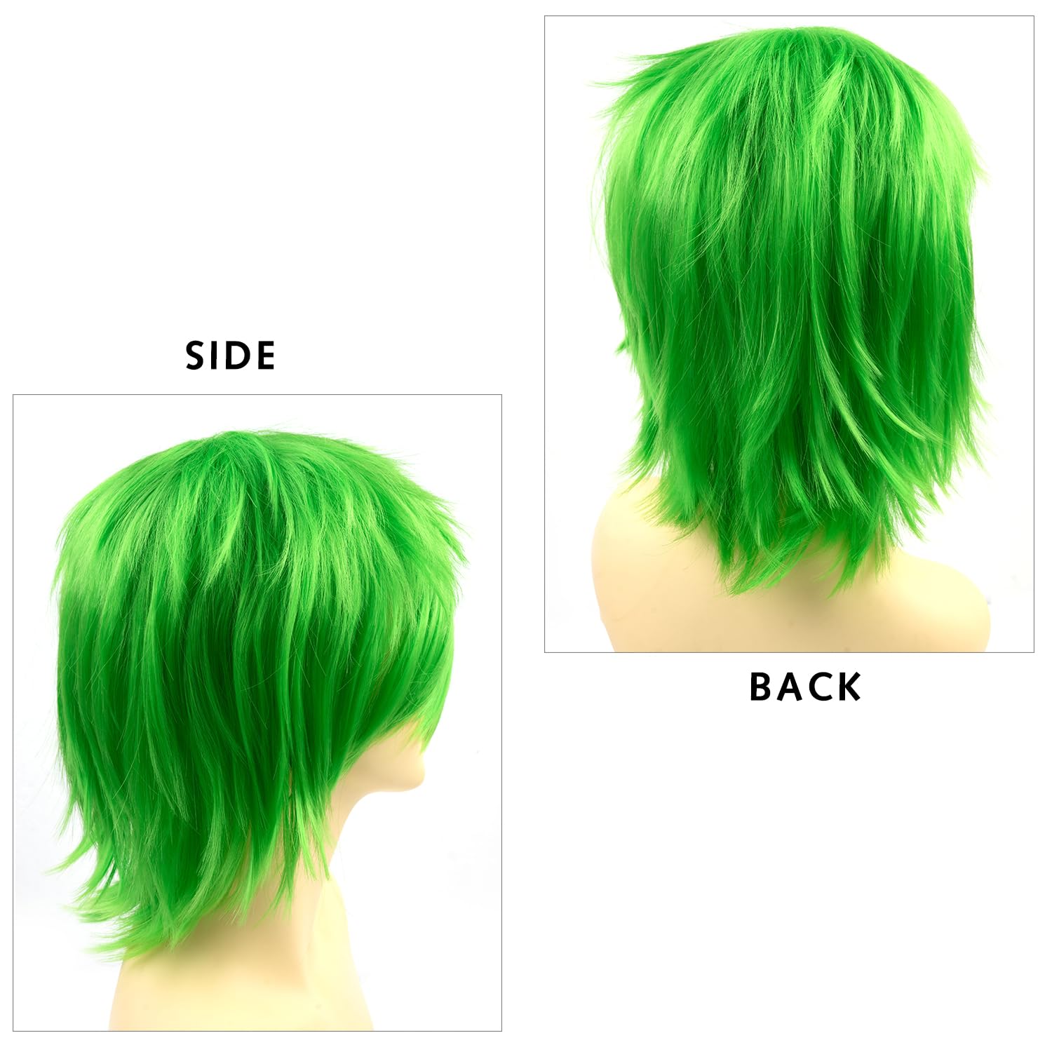 Rose bud Peluca de anime de Halloween verde para fiesta de cosplay, pelucas de pelo corto sintético en capas con flequillo, pelucas pastel para