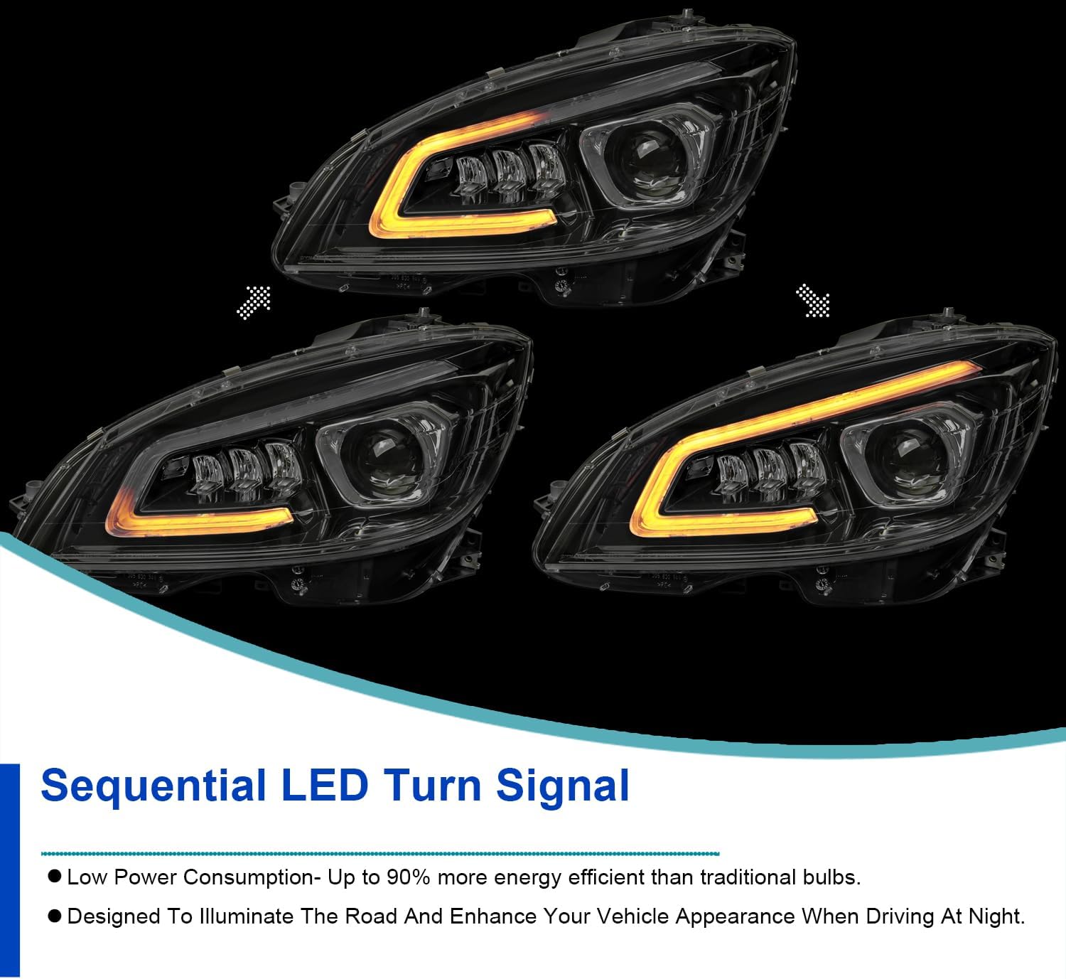 Spec-D Tuning Faros delanteros de proyector LED completo color negro azabache con señal secuencial compatible con Mercedes Benz W204 2008-2011 Clase
