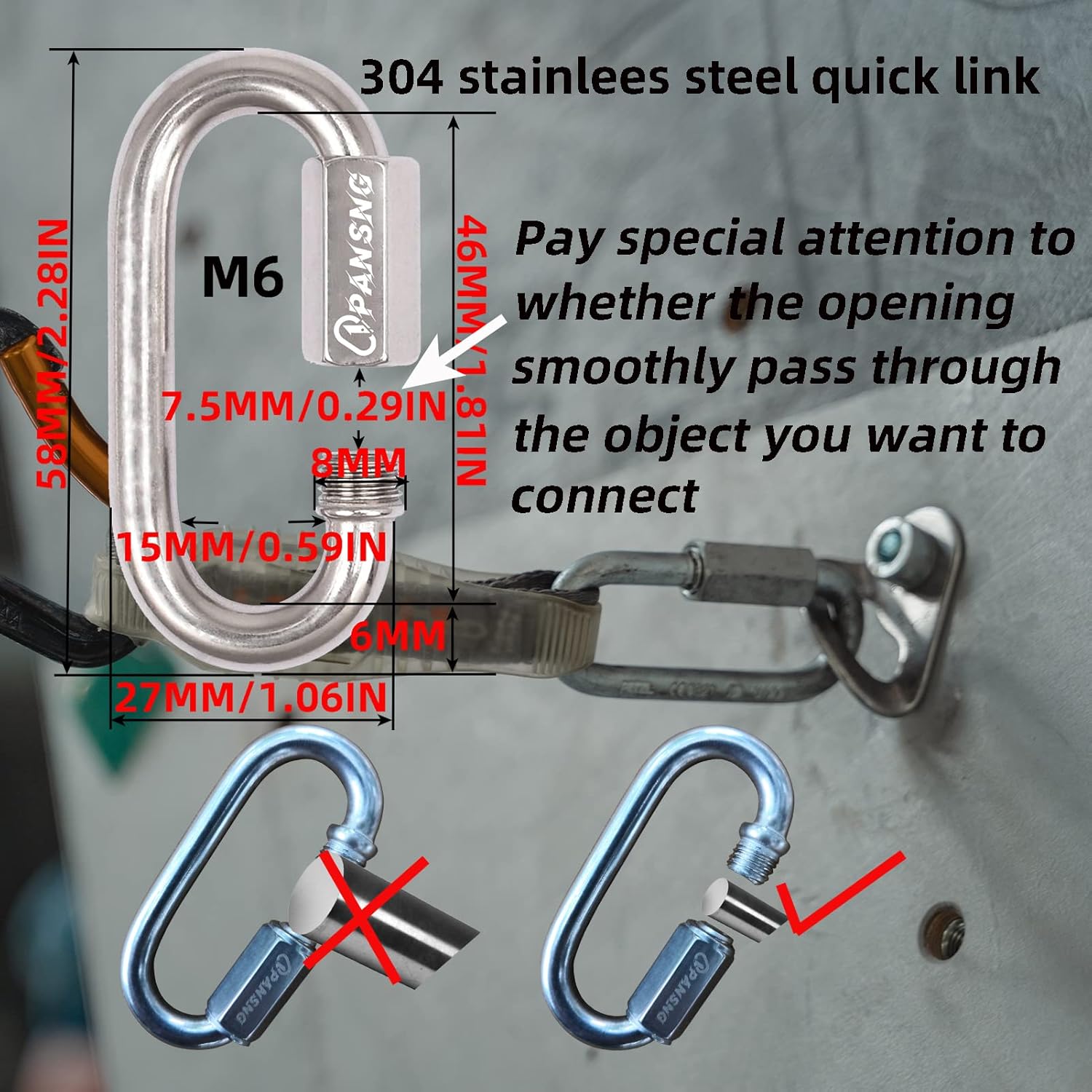 10 cadenas de acero inoxidable 14, eslabones rápidos M6, tornillo ovalado, mosquetón de bloqueo de 2000 libras, conector de enlace de cuerda para