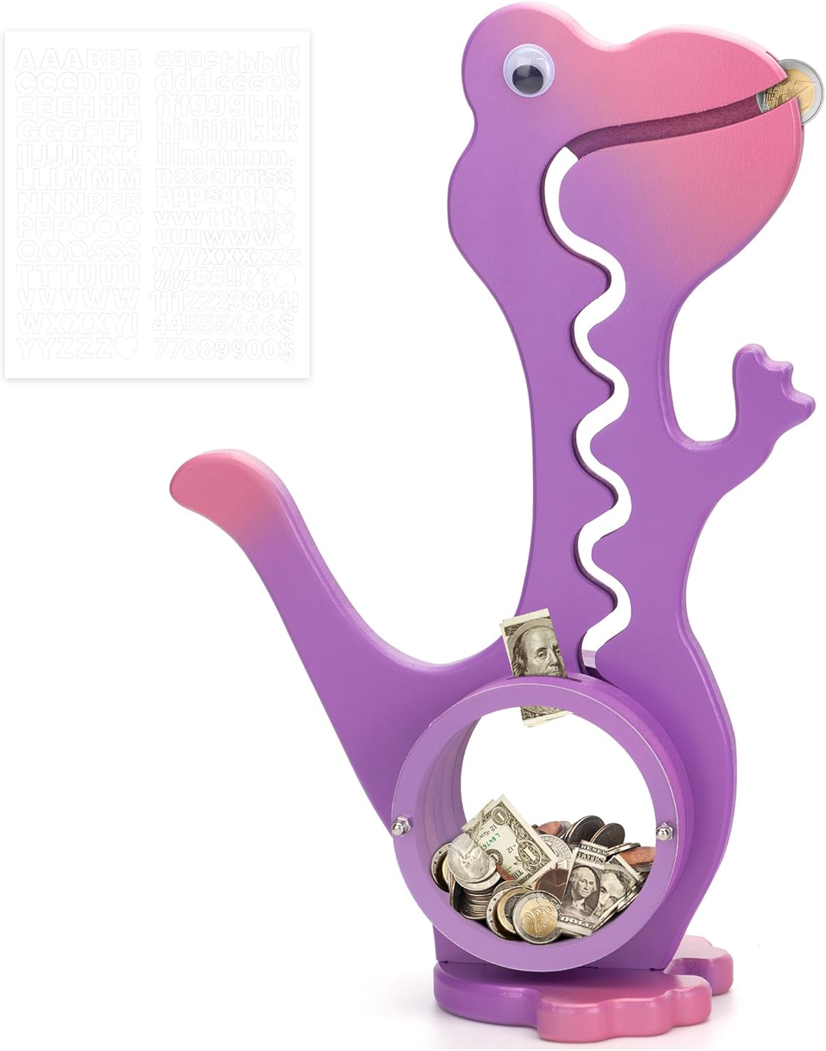 Hucha de dinosaurio de madera Boalord para niños y niñas, banco de monedas de animales de vientre grande transparente para niños pequeños, juguete