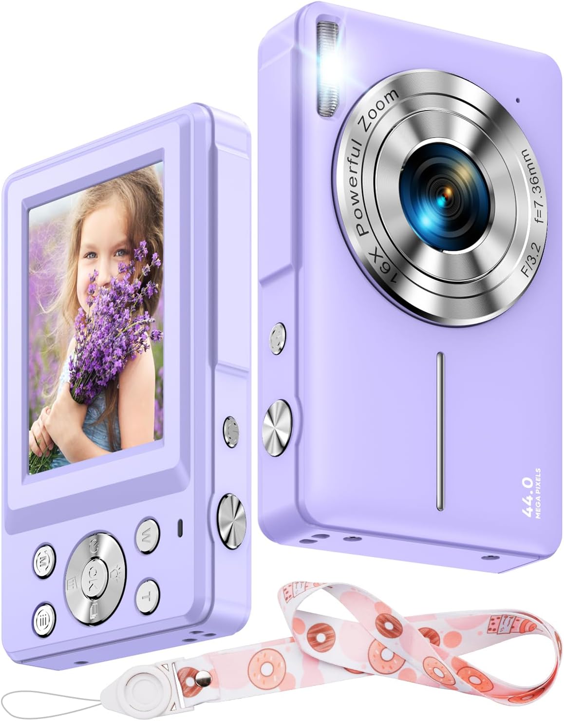 Cámara digital para niños 1080P con cordón (sin tarjeta SD), cámara digital de 44 MP para apuntar y disparar con zoom de 16X, cámara antivibración,