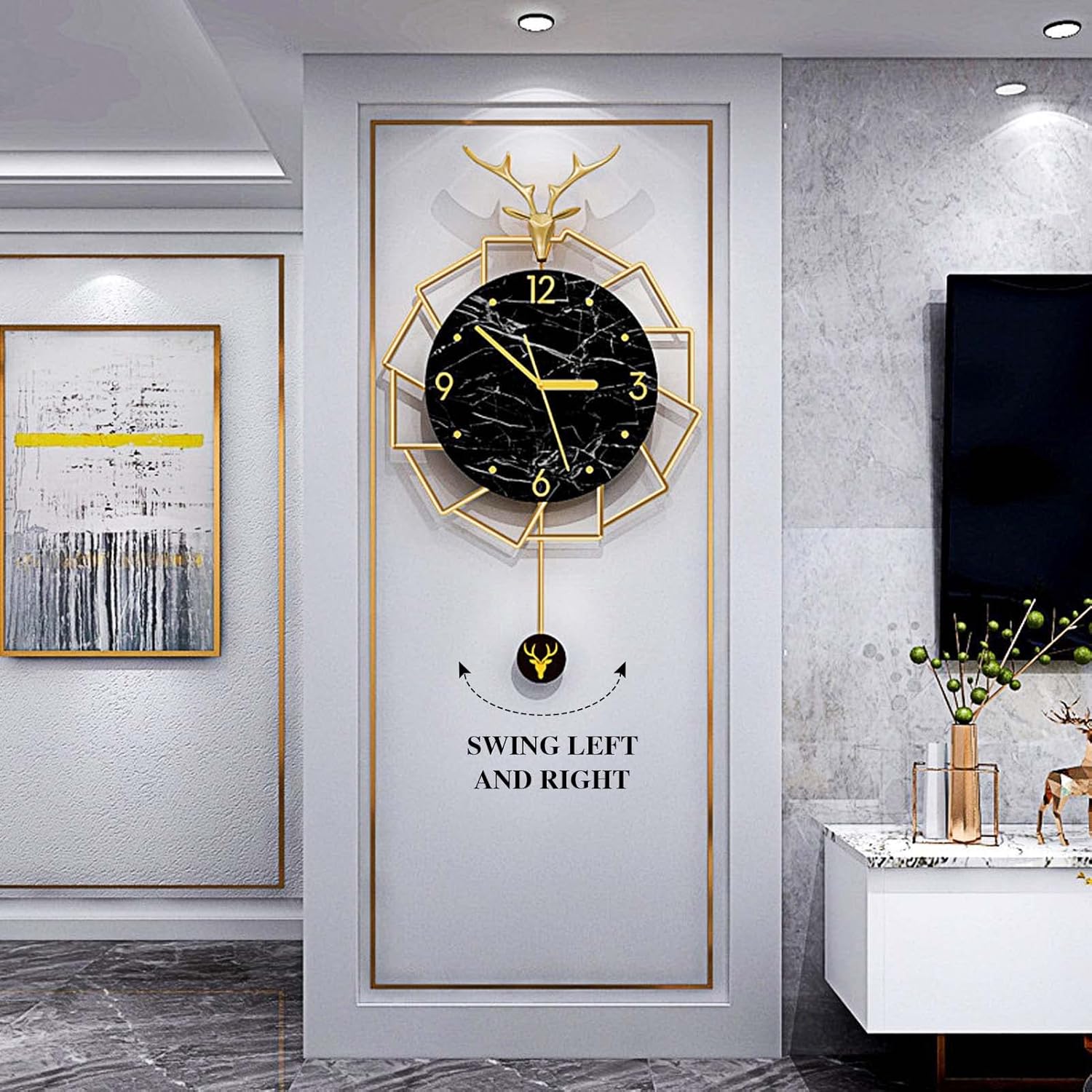 Reloj de pared moderno con decoración de péndulo, reloj de metal con cabeza de ciervo a pilas, reloj silencioso decoración de pared para sala de