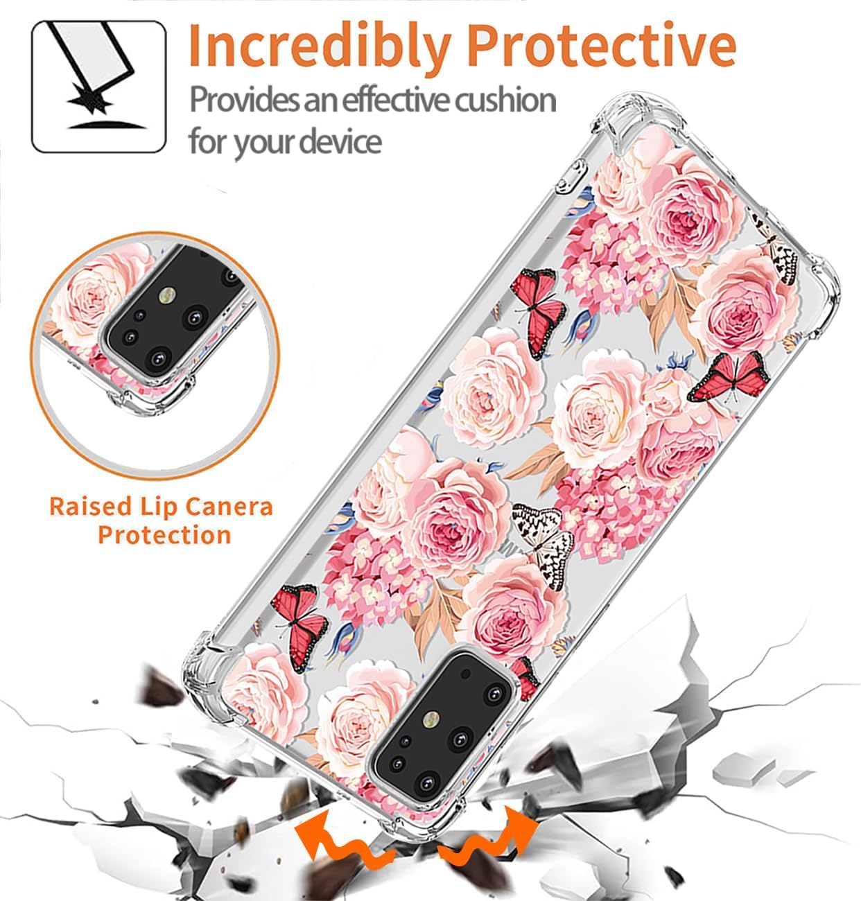 Funda para Galaxy S20 Plus, S20+ SM-G986U, transparente, con diseño de poliuretano termoplástico (TPU), absorción de impactos, diseño floral, diseño