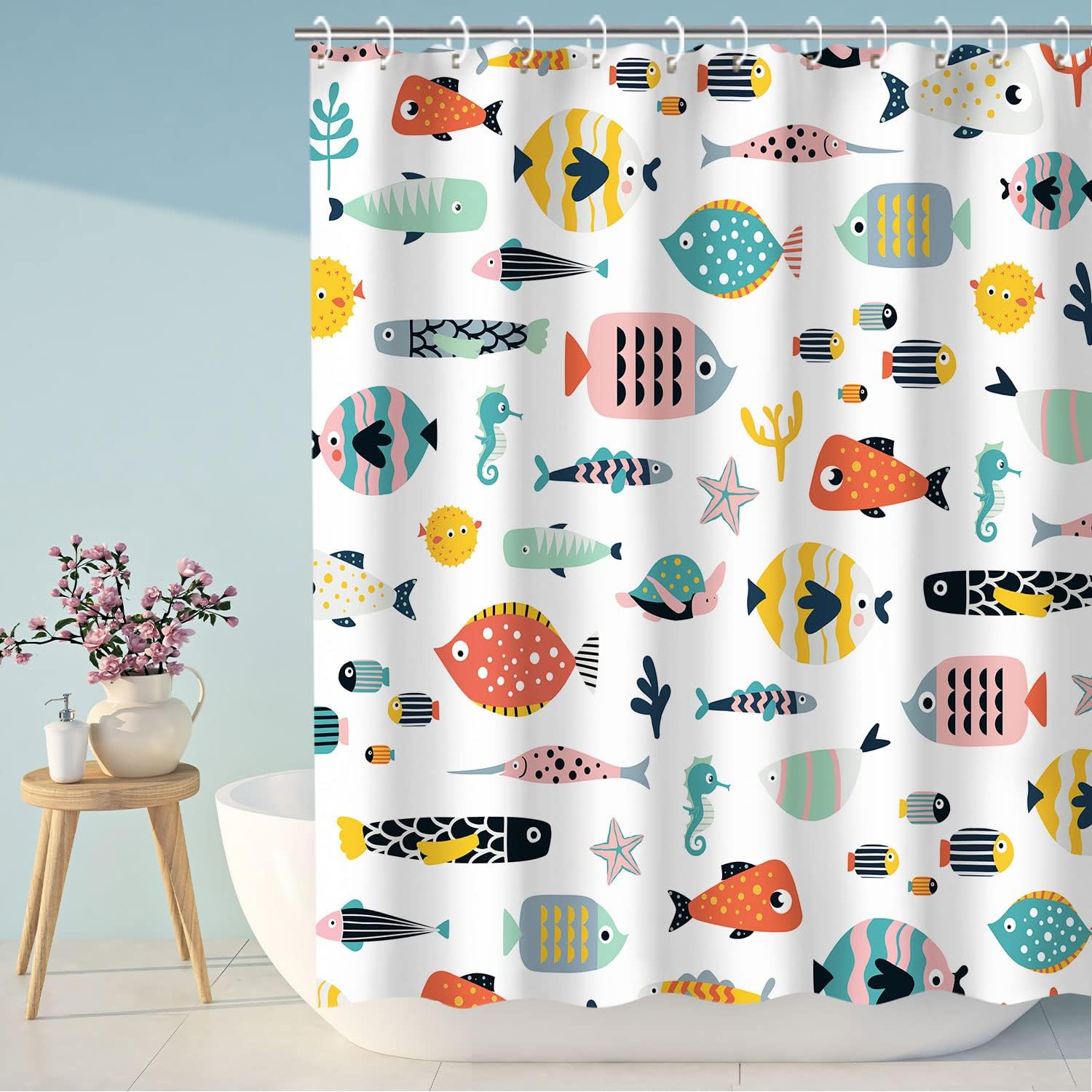 RosieLily Cortina de ducha con diseño de peces, cortina de ducha de dibujos animados, juego de cortina de ducha náutica con 12 ganchos, decoración