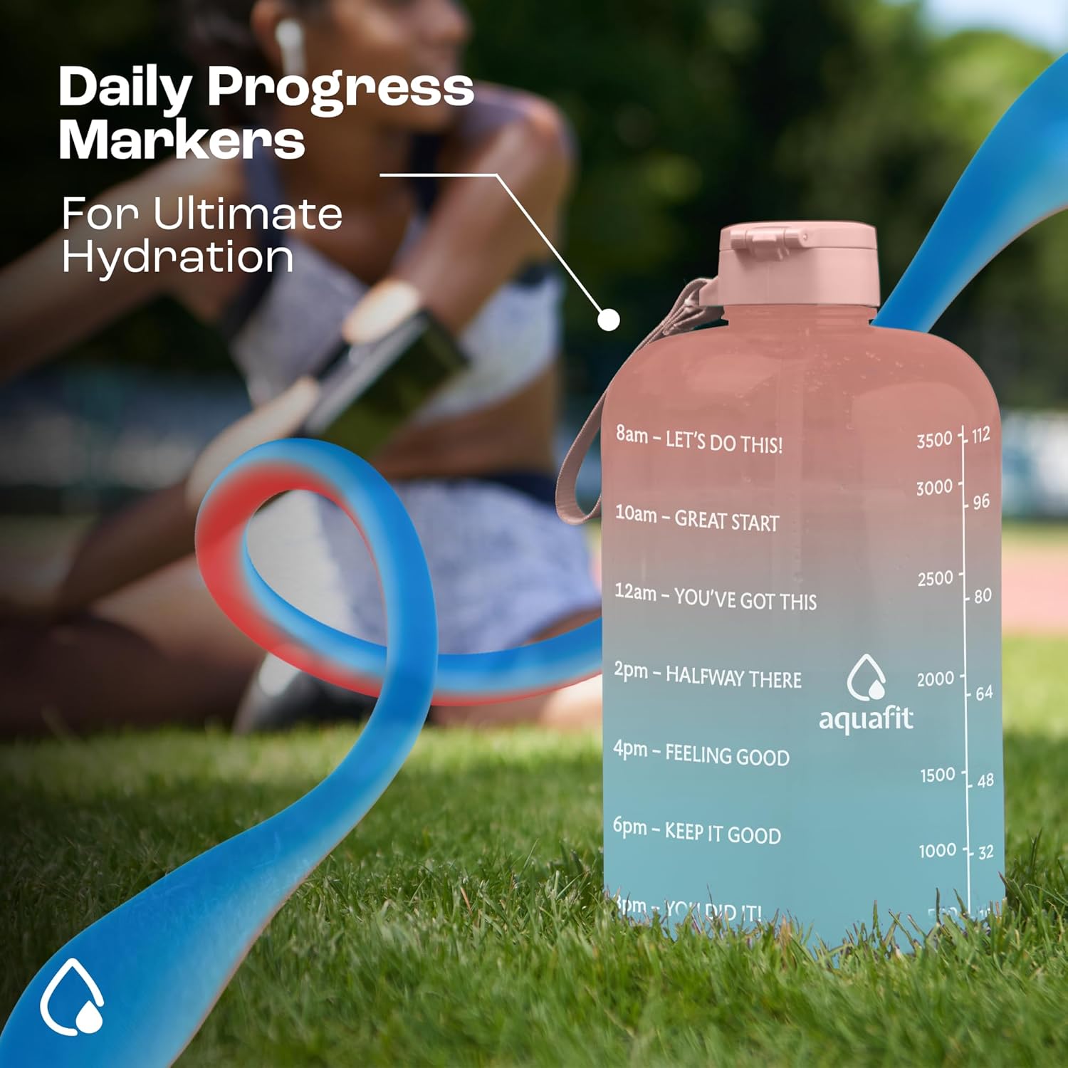 AQUAFIT Botella de agua de 1 galón con marcador de tiempo, botella de agua de 128 onzas con popote, botella de agua para el gimnasio, botella de