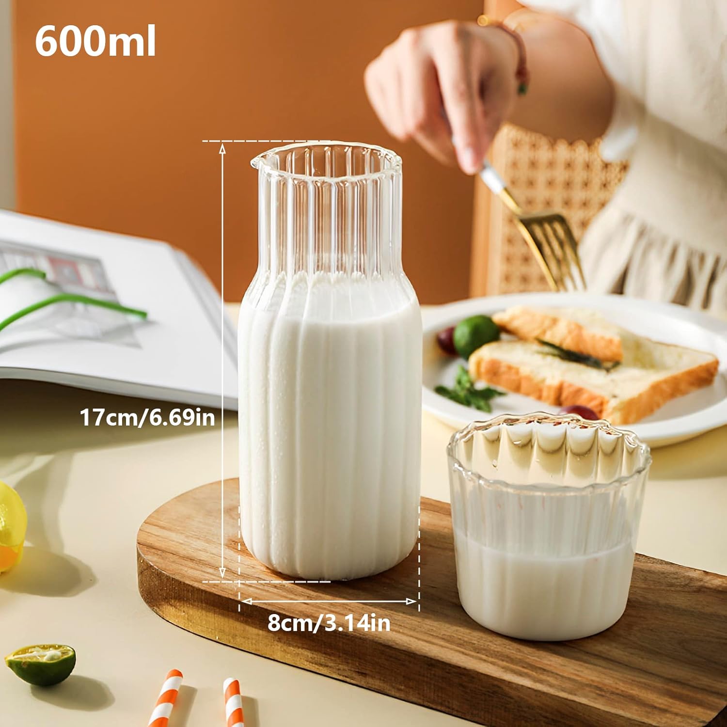 Juego de jarras de agua de cristal, jarra de agua de cabecera y juego de vidrio, con vaso de vidrio de 16.9 fl oz20.3 fl oz, resistente al calor,
