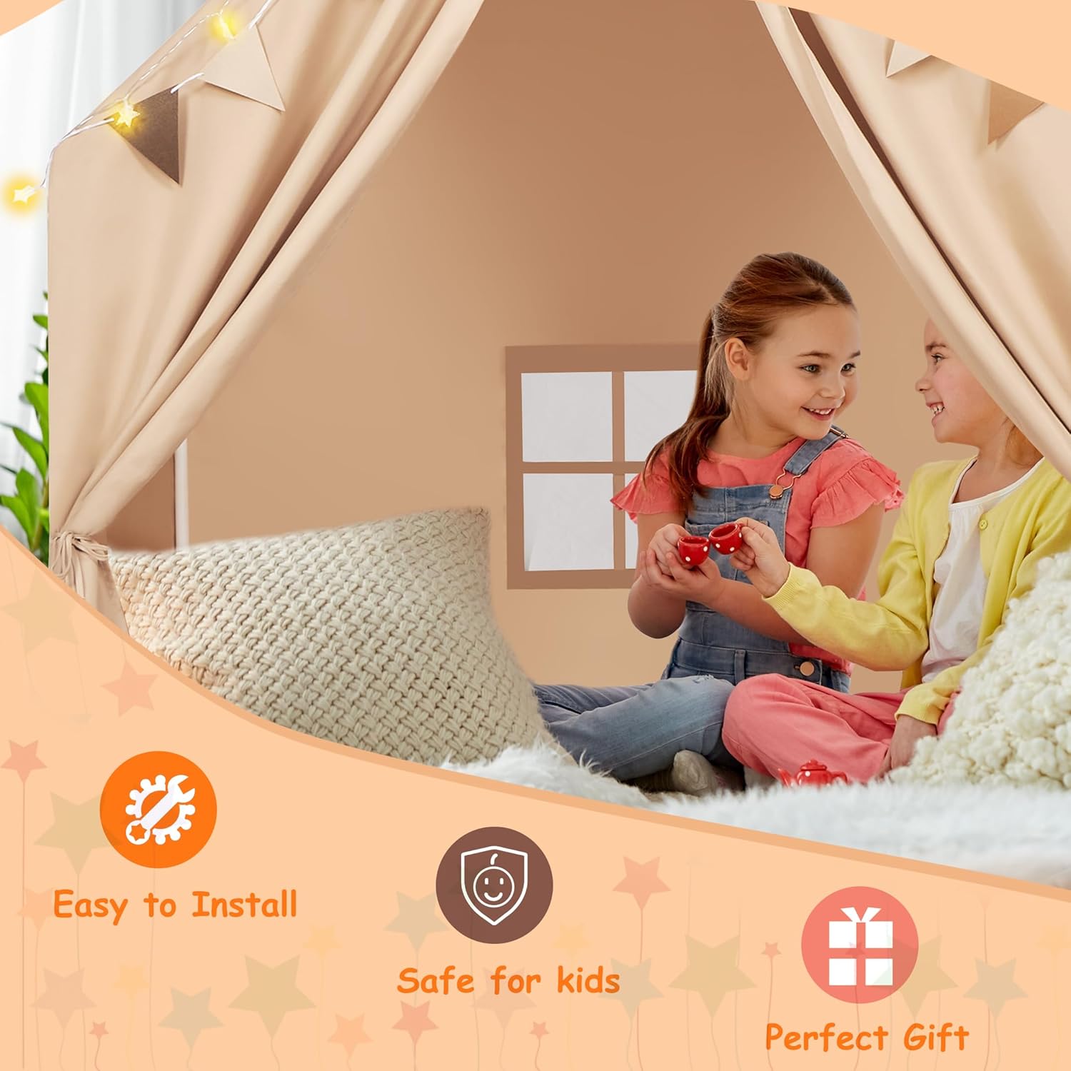 Kids Play Tent with Padded Mat & Star LED Lights for Ages 4-8-10 Year Old Girls Boys, Large Cute Indoor Play Room House Tent for Toddler Children