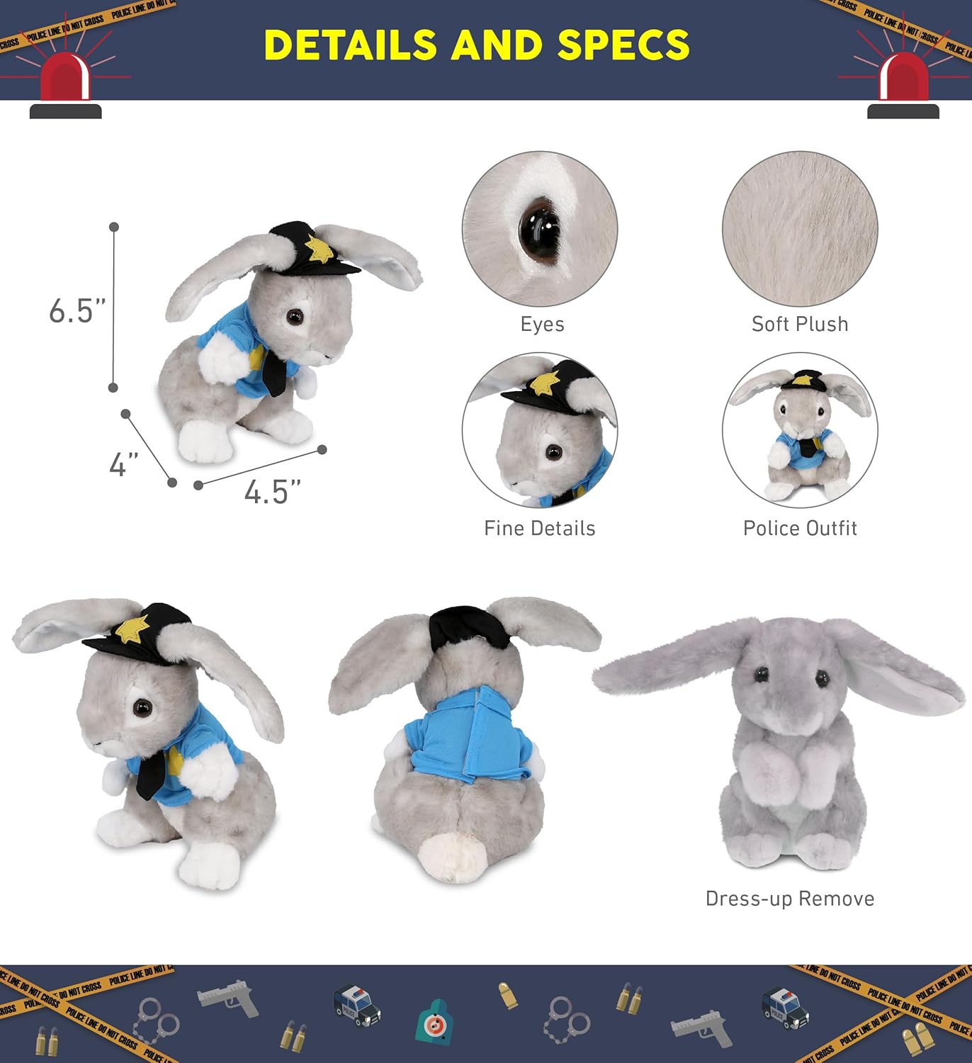DolliBu Peluche de oficial de policía de conejo gris, disfraz de policía de conejo suave con lindo uniforme de policía y traje de gorra, regalo con
