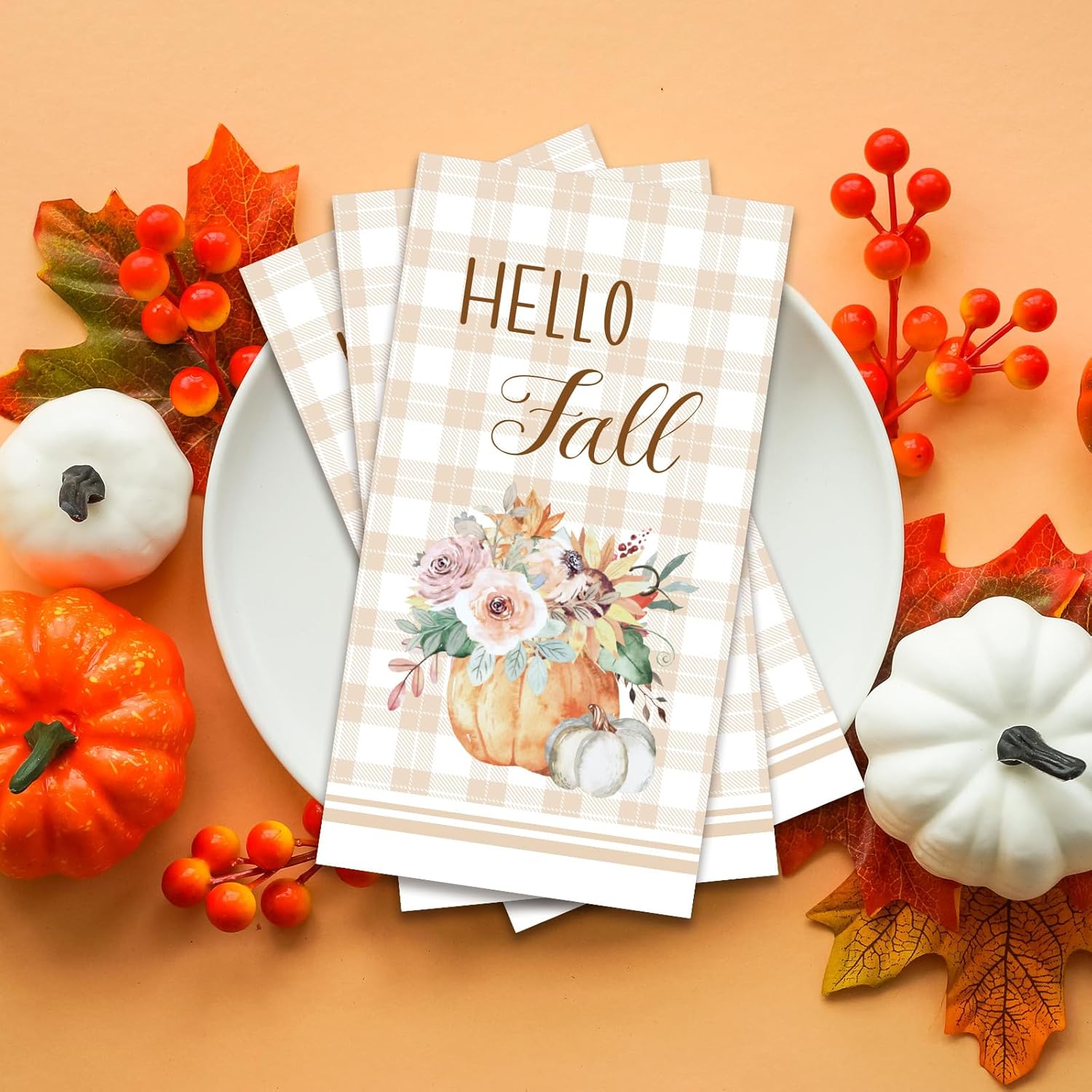 Paquete de 100 servilletas de papel de otoño para baño, diseño de calabaza con texto en inglés Hello Fall, desechables, toallas para invitados,