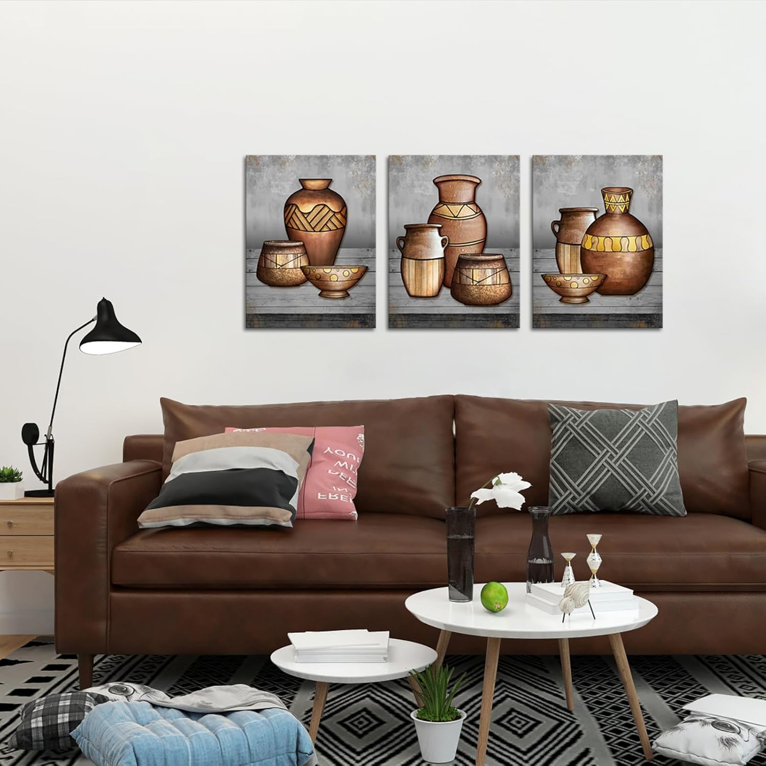 RyounoArt Lienzo africano de 3 piezas de arte de pared de cerámica antigua, pintura tradicional de jarrón tribal, impresiones para decoración de