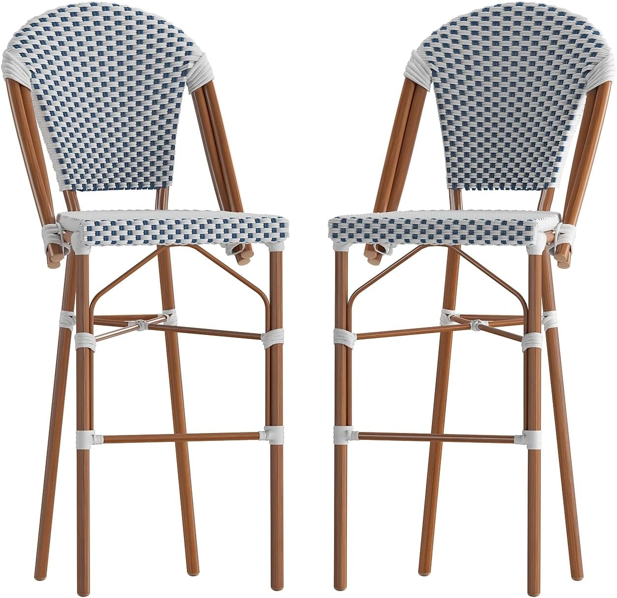 Flash Furniture Lourdes Taburete de bar francés de grado comercial, apilable para interiores y exteriores, 30 pulgadas de alto, acabado blancoazul