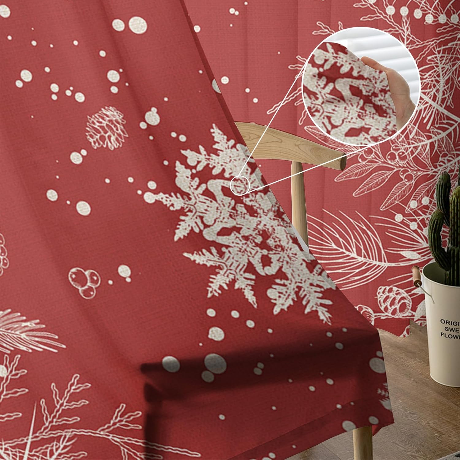 Snowflake Sheer Curtains 84 Inch Length 2 Panels Set for Living RoomBedroom, Winter Christmas Pine Tree Leaves Watercolor Semi Curtain Sheers Drapes