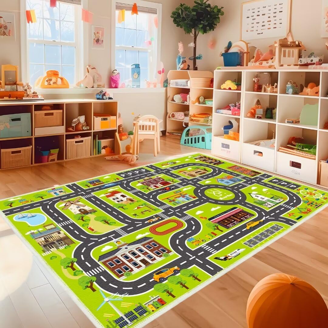 Alfombra de juego para niños de 6.5 x 9.8 pies, ideal para que los niños disfruten de la vida de la ciudad, jueguen y aprendan de forma segura y