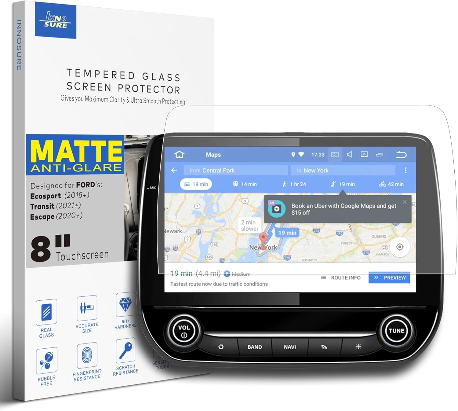 INNOSURE AG – Protector de pantalla de vidrio templado diseñado para Ford Escape (2020-2023), Transit (2020-2022), Ecosport (2018-2022), SYNC 3