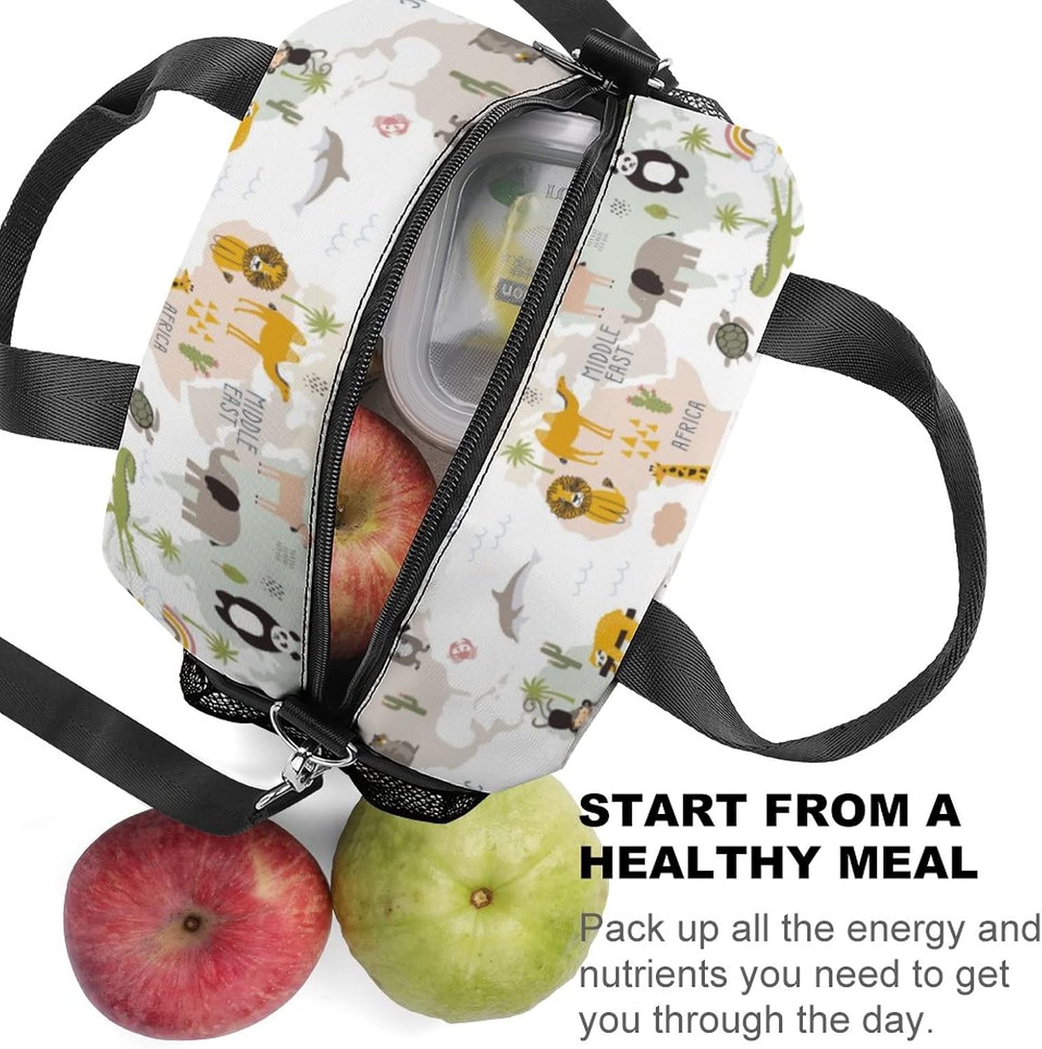 Niapessel Bolsa de almuerzo para mujeres, niños, niñas, niños, aislada, mapa del mundo animal, multicolor, impreso, lonchera térmica con soporte