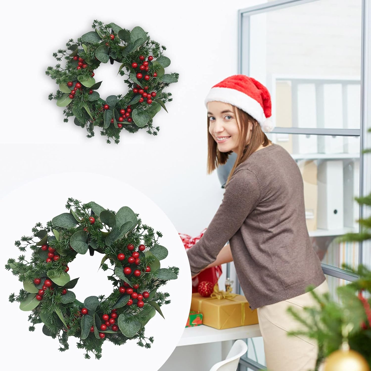 Corona de Navidad para puerta delantera, 12 pulgadas, corona de Navidad, simulación, trompeta, hoja de baya, puerta, decoración de ventana para
