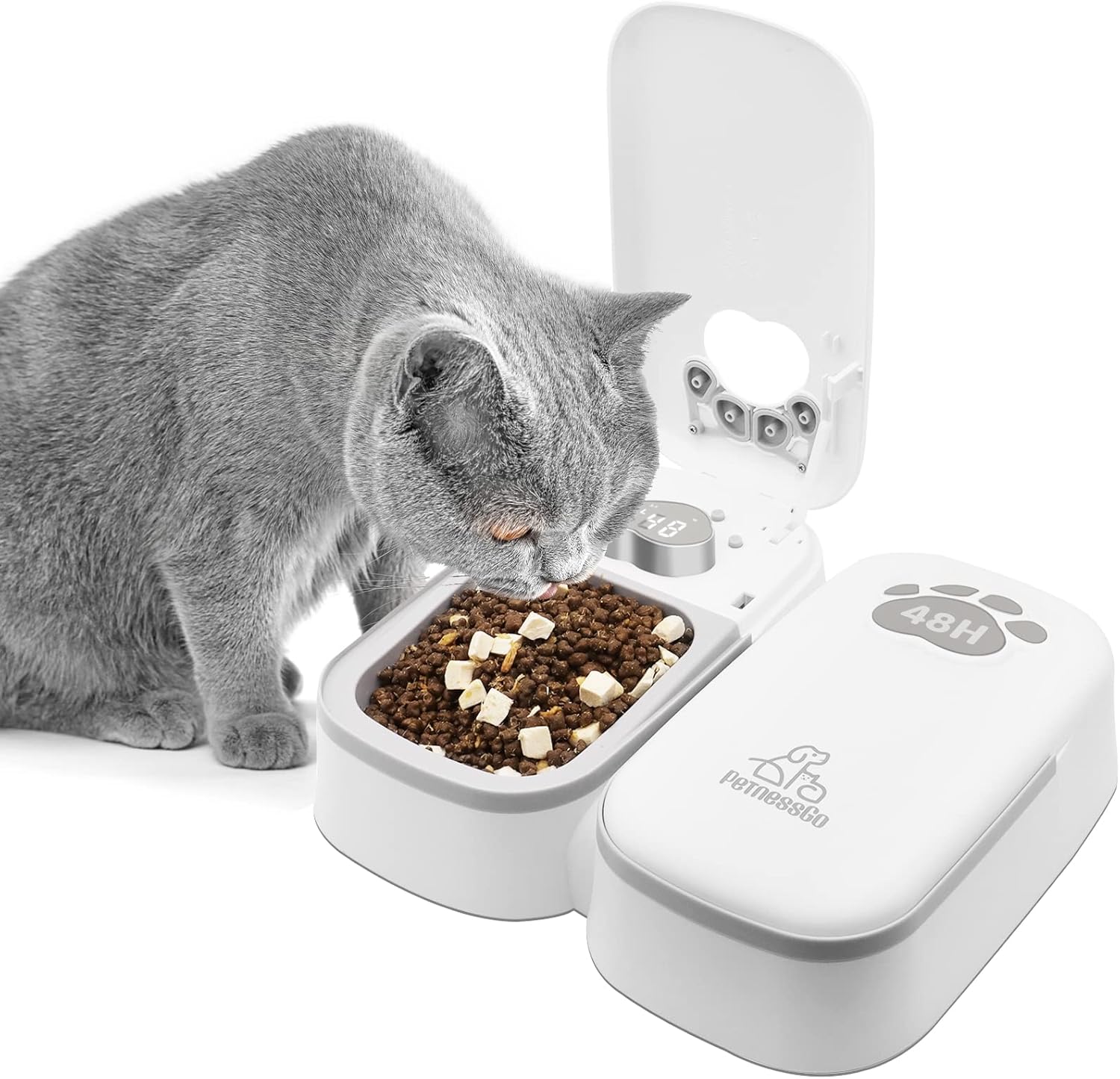 Comedero automático para gatos de alimentos húmedos, alimentador inteligente para 2 comidas para 2 gatos con temporizador programable, dispensador