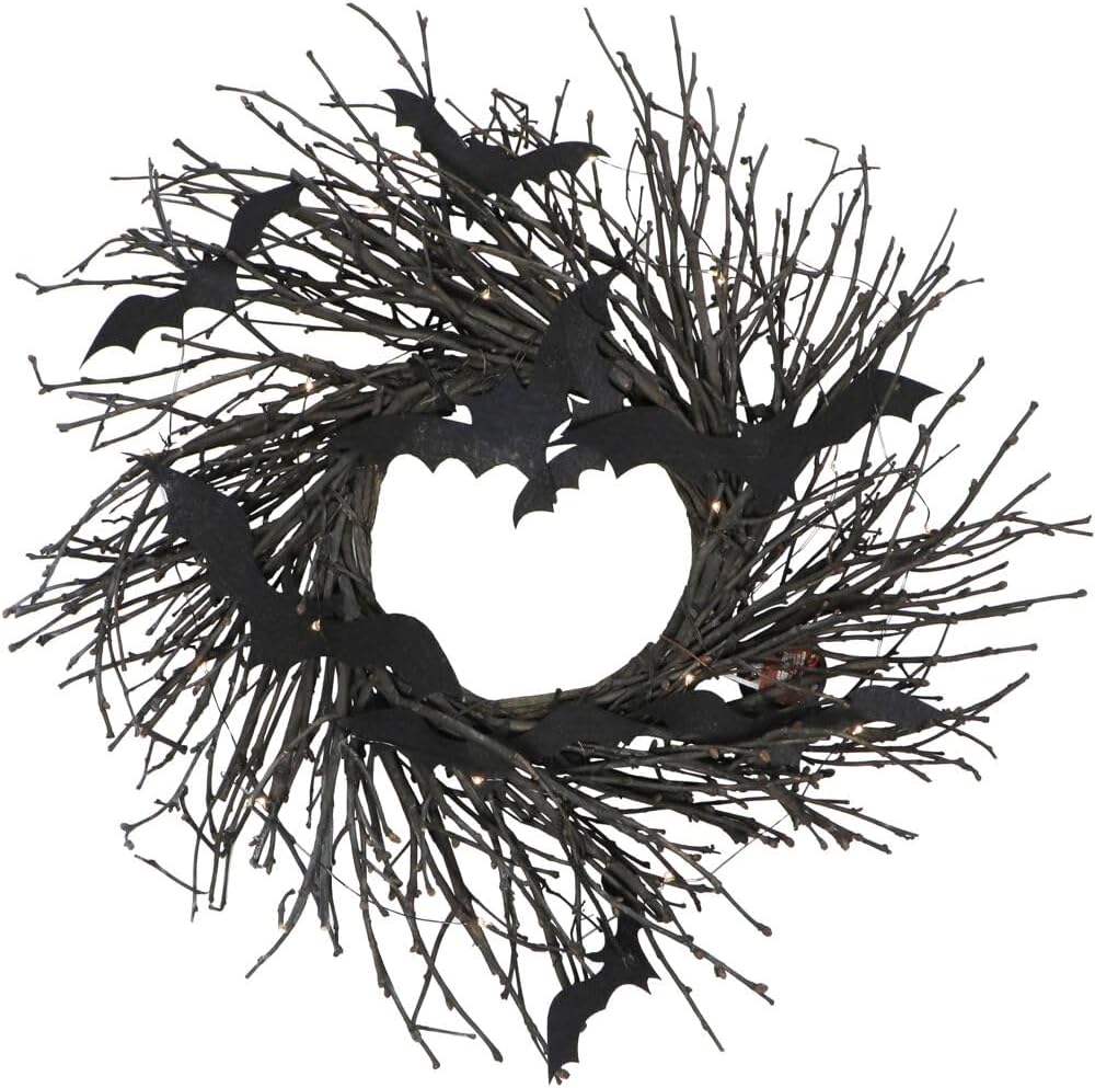 Haunted Hill Farm Corona de ramita negra de 15 pulgadas con luces LED y murciélagos voladores para decoración rústica moderna de puerta o pared de