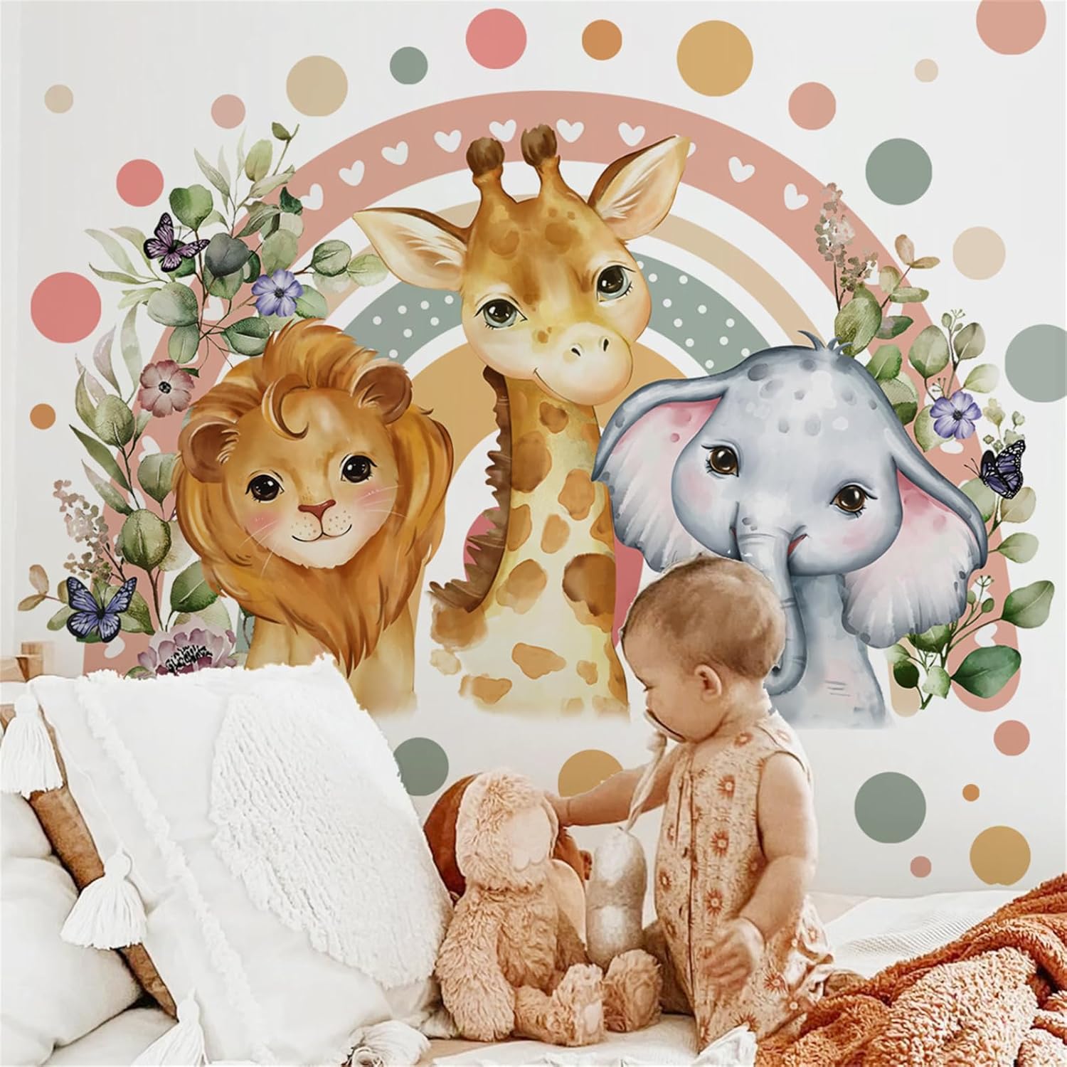 Calcomanías de pared extra grandes de acuarela, arco iris, elefantes, ciervos, animales, arte de pared, calcomanías para pared de niñas, niños,