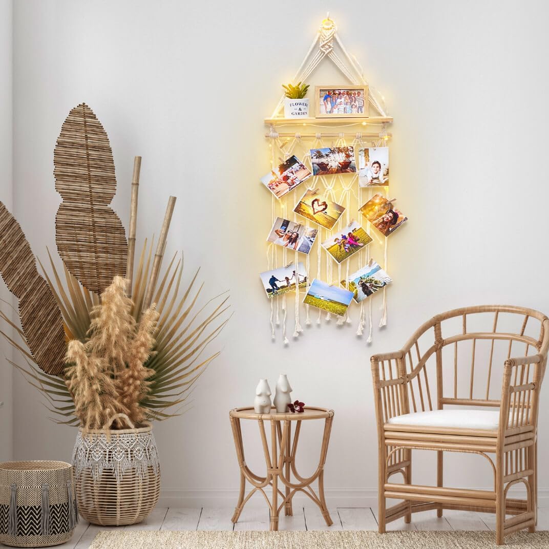 Homecor Estantes colgantes de macramé para decoración de pared, decoración bohemia de habitación, marco de fotos con 30 clips de luz, regalos de