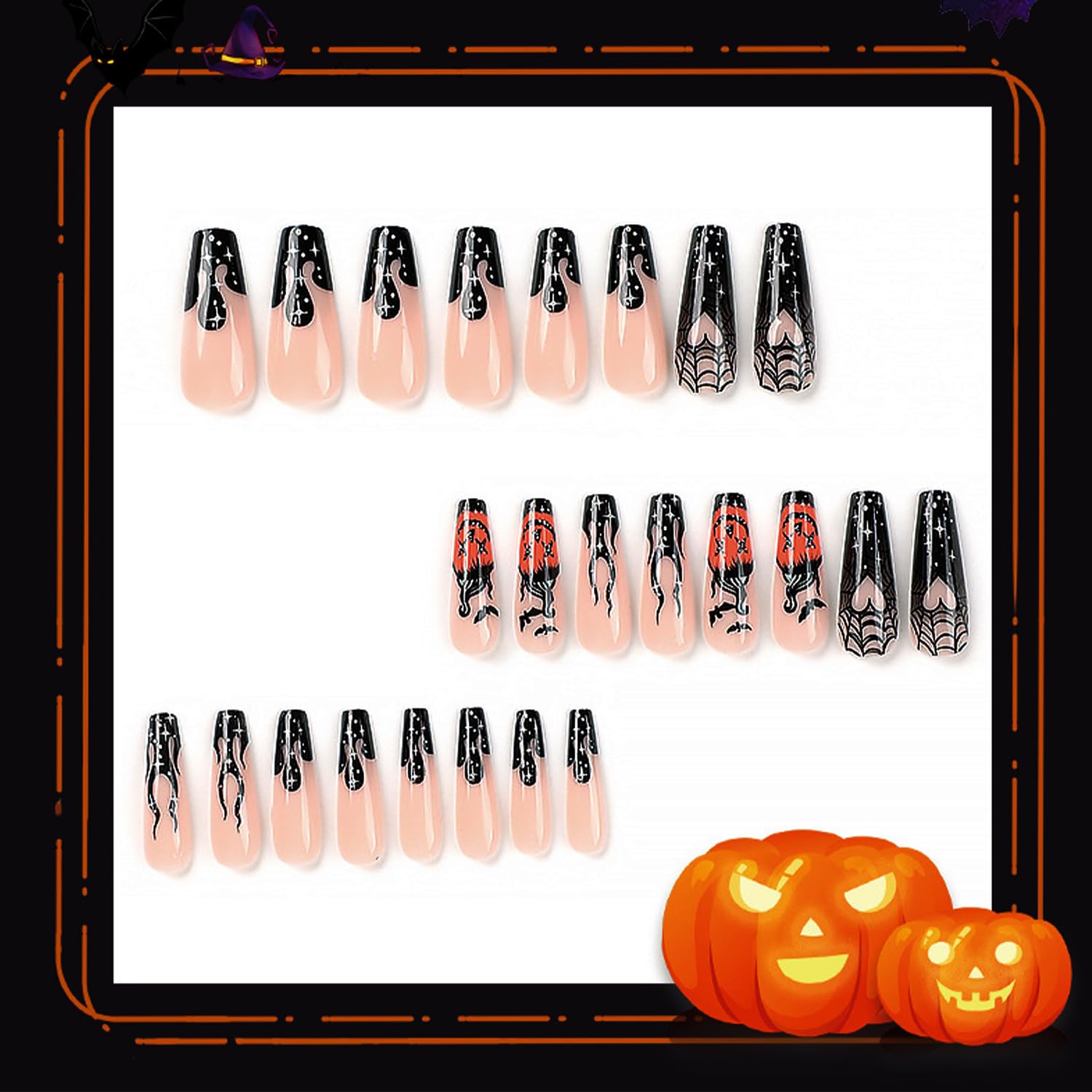 Pufandor Uñas postizas largas a presión para Halloween, ataúd, con llama negra, telaraña, murciélagos y calabazas, uñas acrílicas a presión para