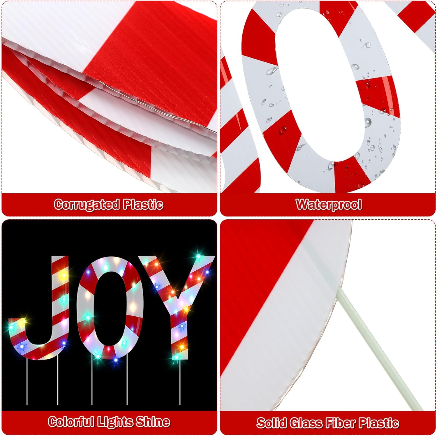 Letrero LED JOY de Navidad con estacas y luces, diseño de caramelo de menta roja, letrero LED JOY para patio, jardín, Candyland, Navidad, decoración