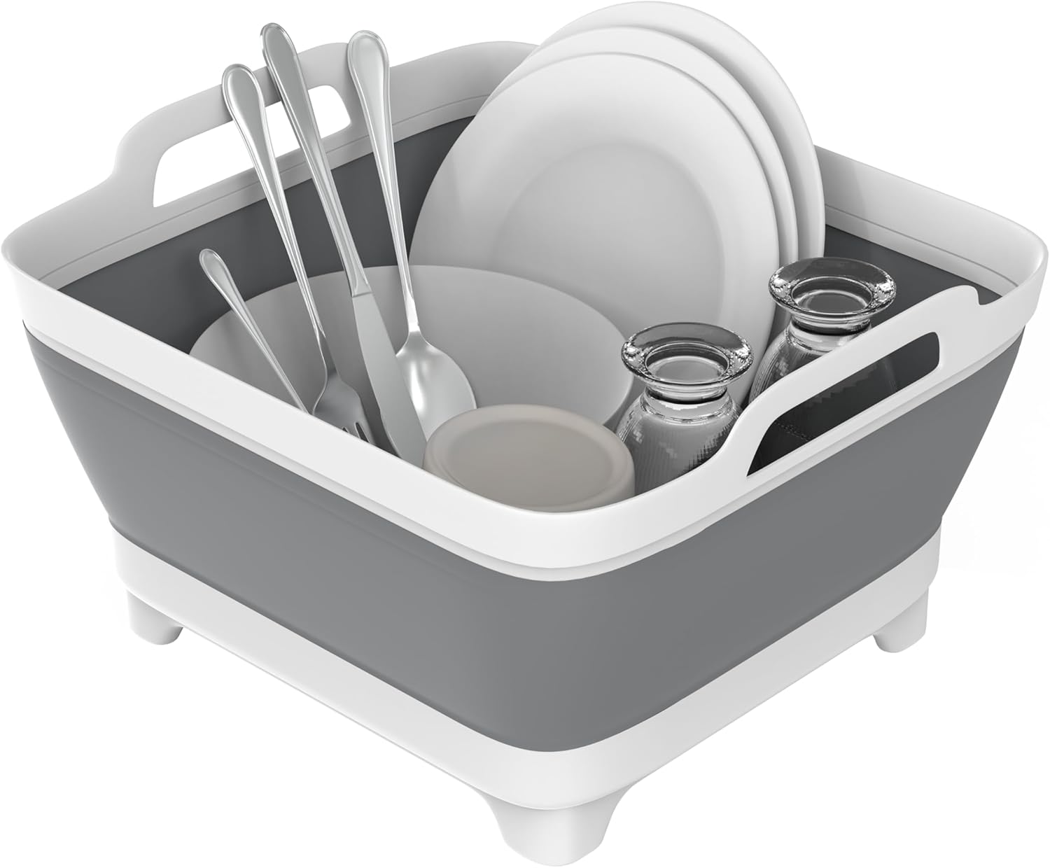 Lavabo plegable de 9L (gris, PP, TPR), tina portátil con tapón de drenaje, estante de secado que ahorra espacio para cocina, campamento, lavandería