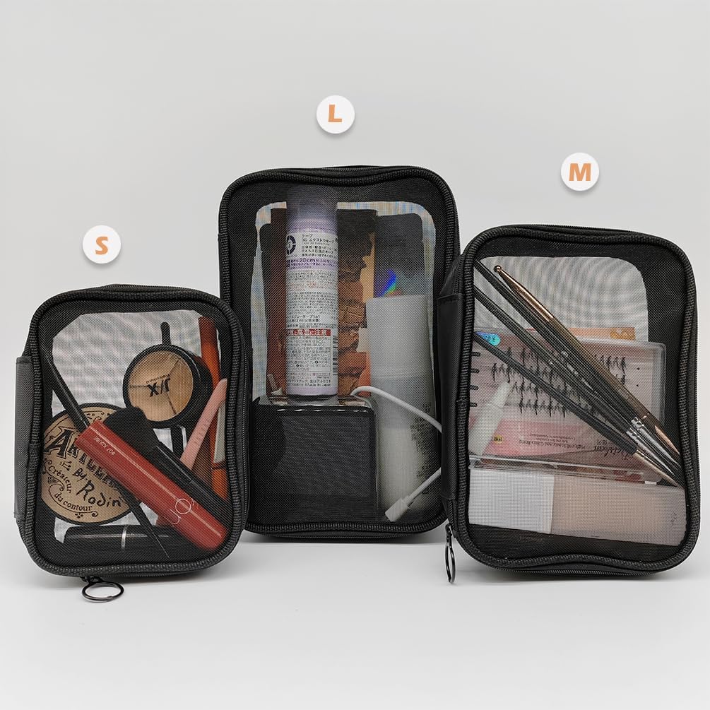 Bolsa de maquillaje, bolsa de aseo ligera para viajes, bolsa de maquillaje compacta con cremallera, color negro, Malla Negra