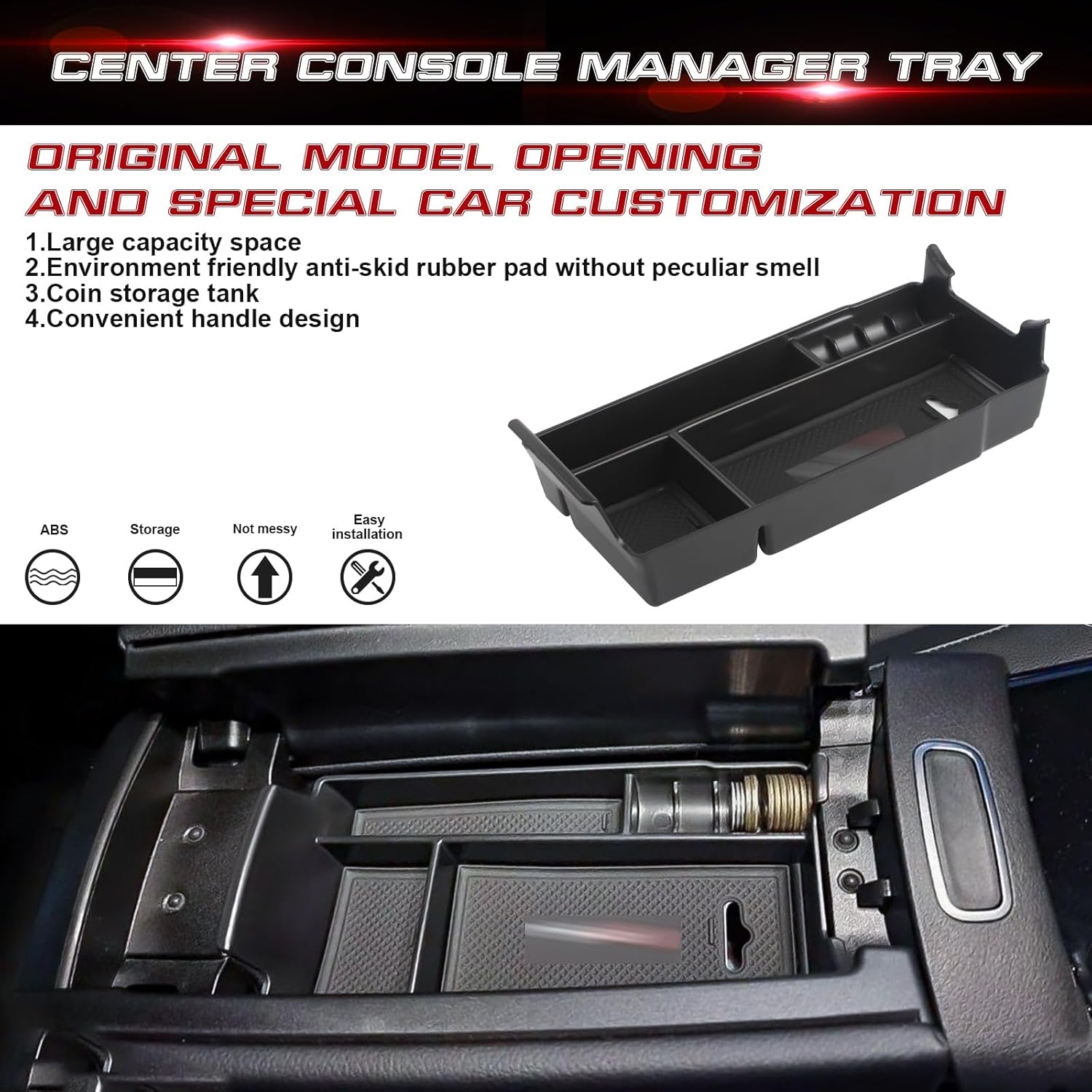 Xotic Tech – Reposabrazos para consola central interior, caja organizadora de almacenamiento para teléfono, monedas, tarjeta, bandeja de cajón +