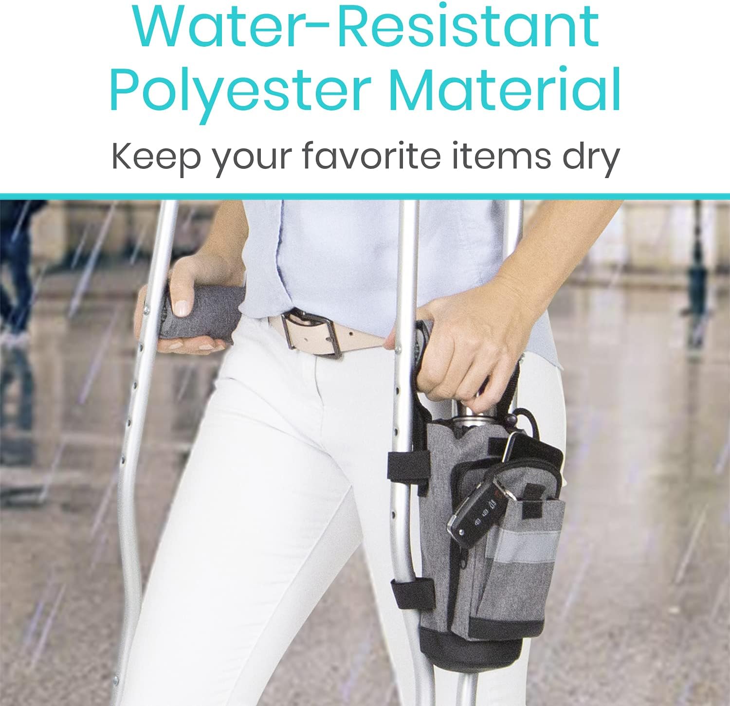 Vive Bolsa de accesorios para muletas y cojines de agarre de mano, bolsa premium resistente al agua para muletas, con soporte para bebidas, 3