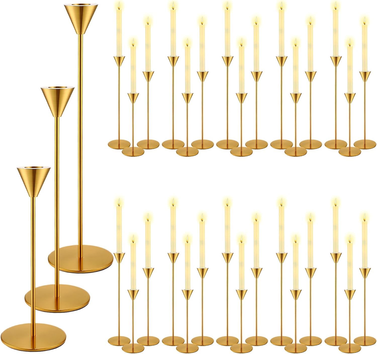 Mifoci Juego de 30 portavelas cónico dorado a granel de metal a granel para decoración de bodas, fiestas, aniversarios, comedores, se ajustan a