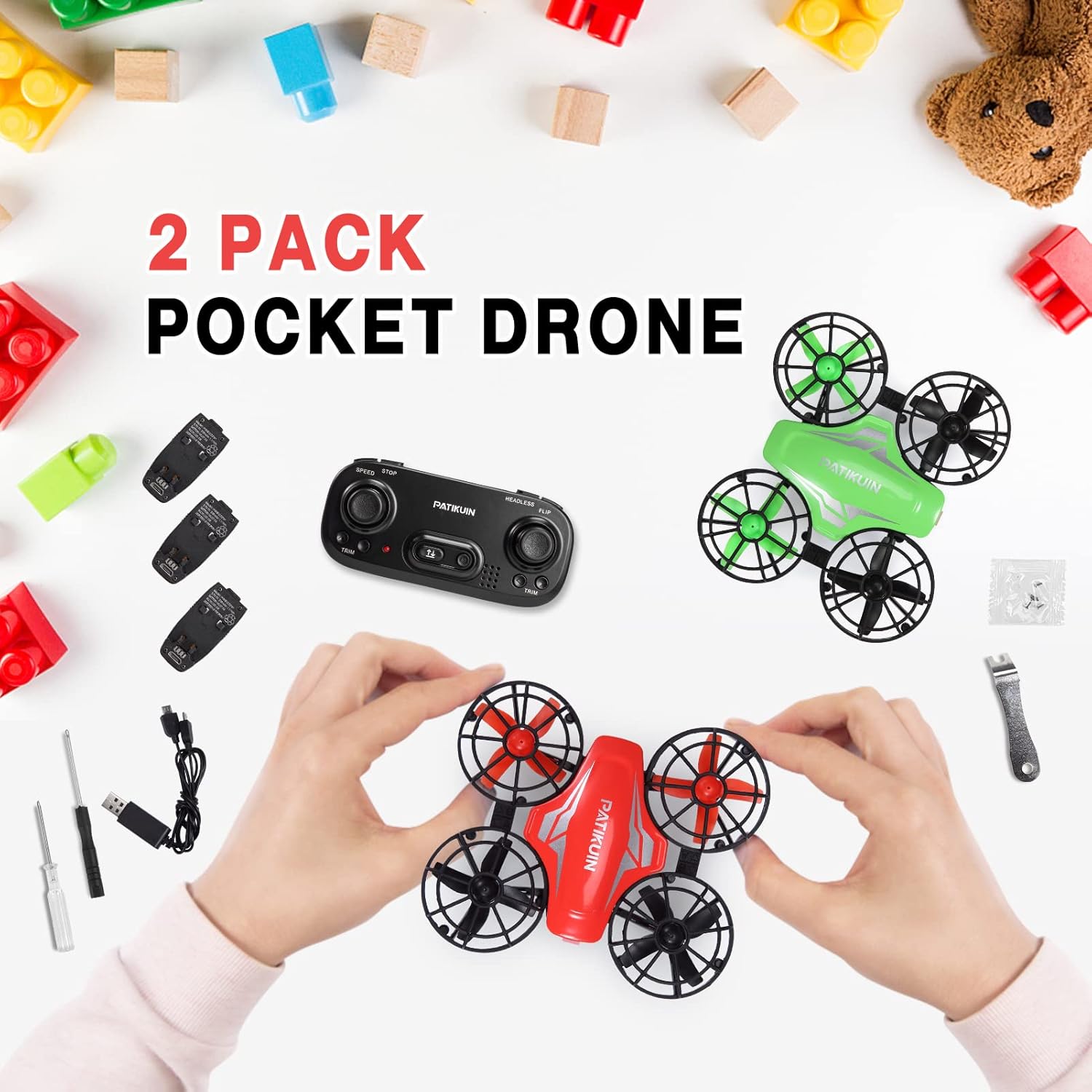 Paquete de 2 mini drones para niños y principiantes, helicóptero cuadricóptero de control remoto con 6 baterías modulares, flotación automática, 3