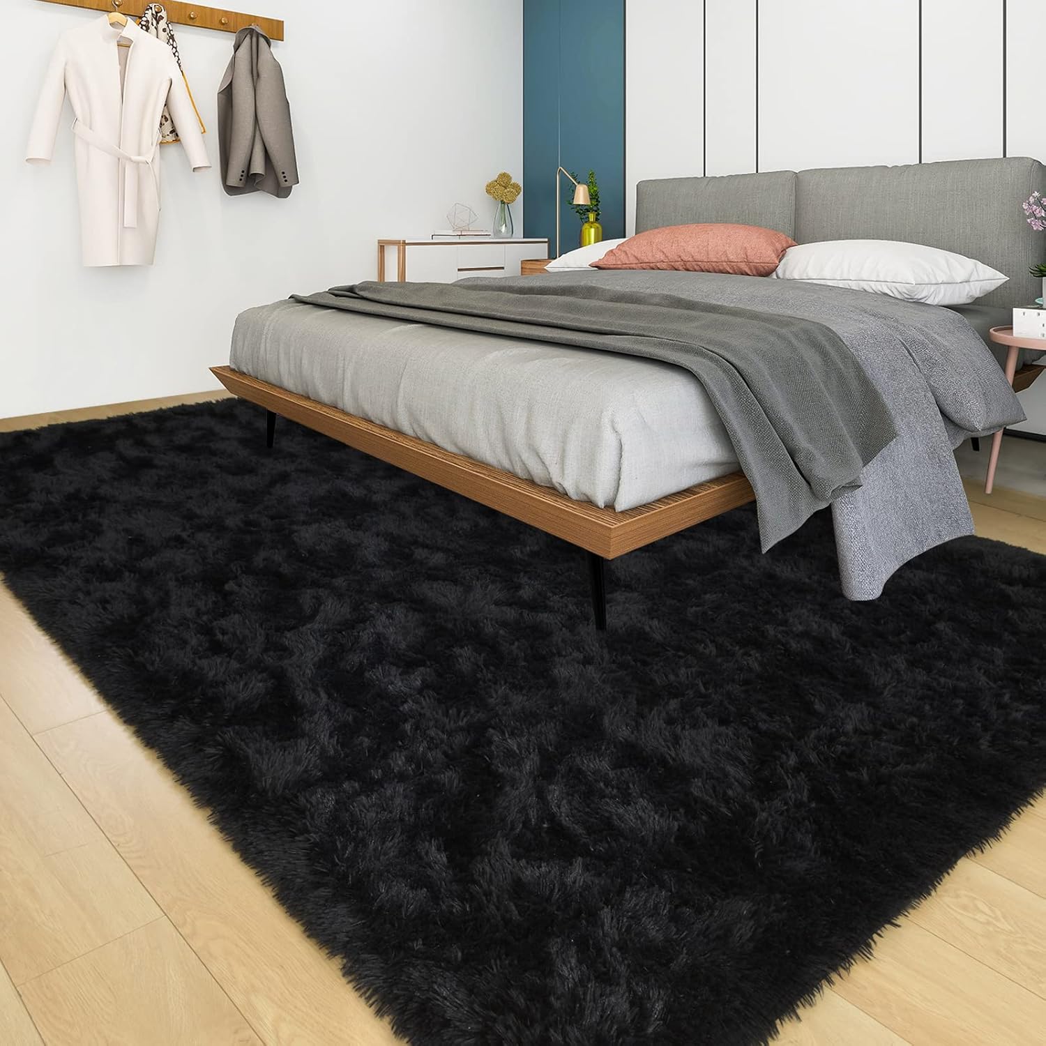YJ.GWL Alfombras suaves y esponjosas para dormitorio, sala de estar, alfombra de felpa negra para guardería, sala de juegos, dormitorio, alfombra