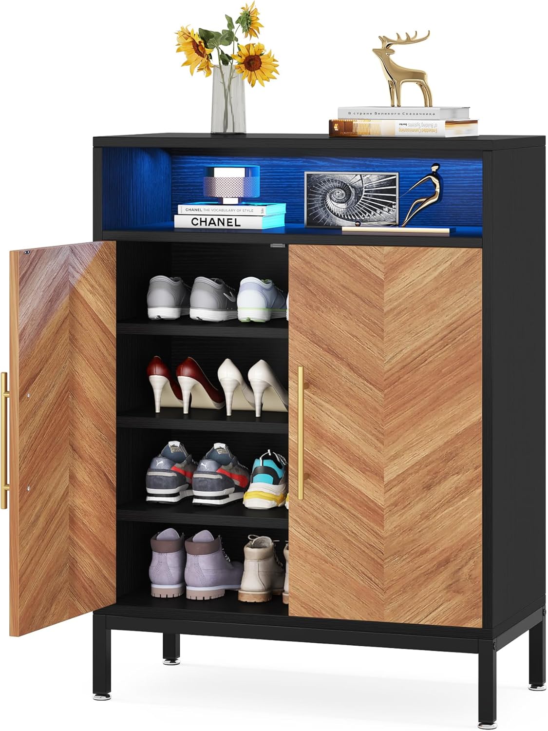 LITTLE TREE Armario de zapatos con puertas y luz LED, 16 pares de almacenamiento de zapatos de entrada, zapateros organizador de almacenamiento para