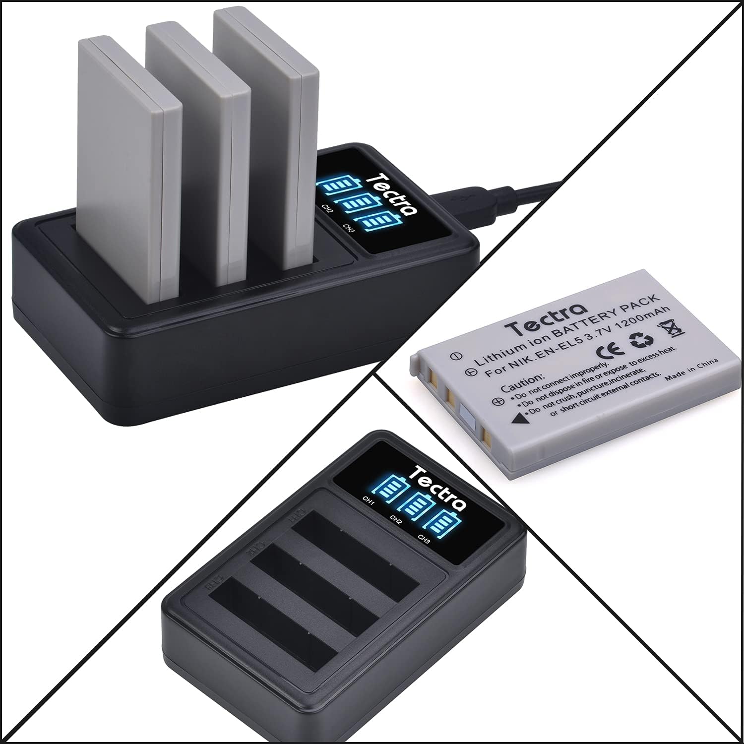 Tectra 3 baterías EN-EL5 ENEL5 + cargador USB LED de 3 ranuras para Nikon Coolpix P3, P4, P90, P80, P100, P500, P510, P520, P530, P5000, P6000, S10,