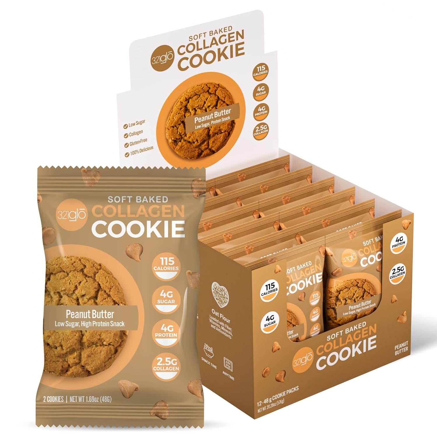 321glo – Galletas de colágeno  Galletas horneadas suaves, altas en proteínas, bajas en carbohidratos, bajas en azúcar  Snack keto para mujeres,