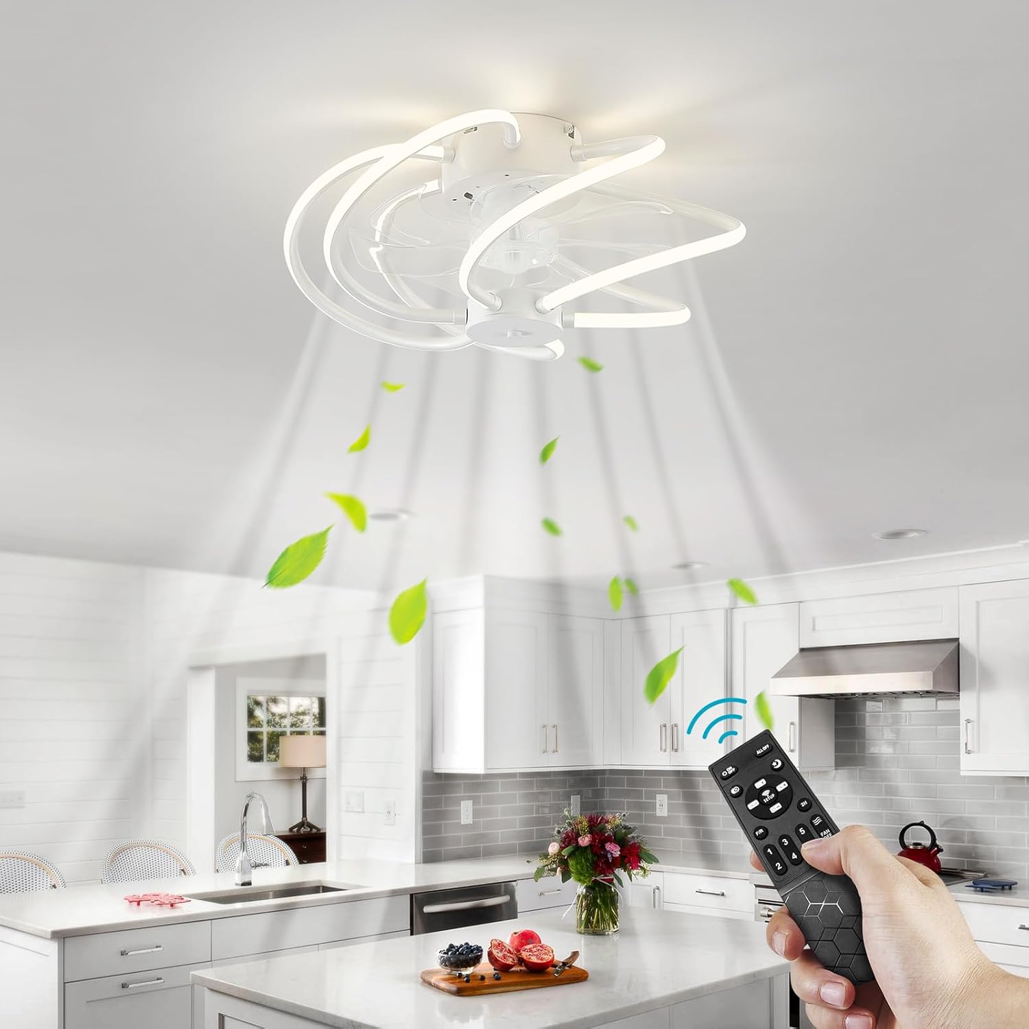 Moderno ventilador de techo remoto inteligente para dormitorio de 19.7 pulgadas con luz LED, lámpara de montaje empotrado de perfil bajo con