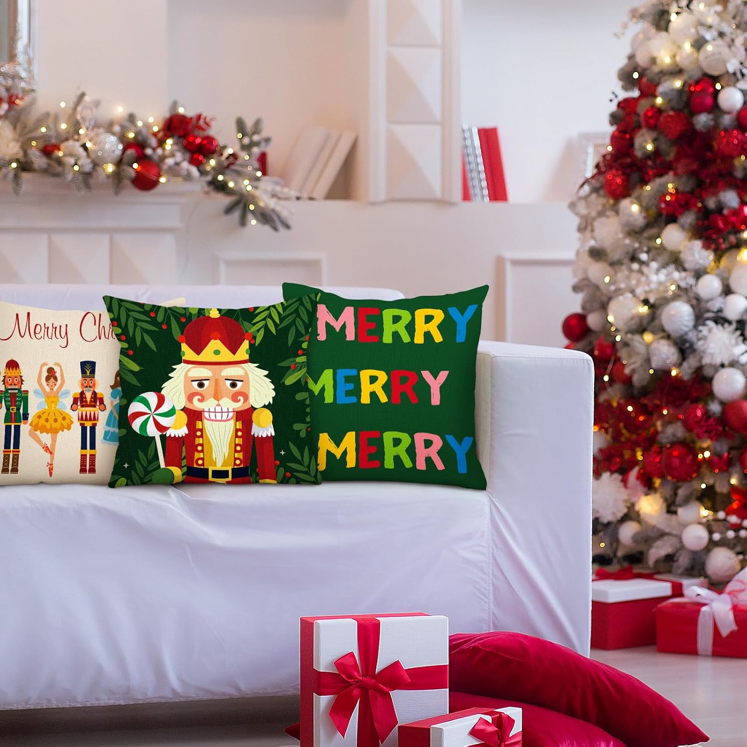 Tatuo 6 fundas de almohada de cascanueces de Papá Noel de Navidad, decoración de cojín de Papá Noel, 18 x 18 pulgadas, decoración navideña para