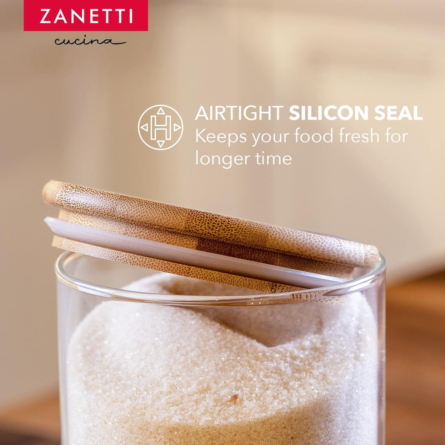 Zanetti – Recipientes herméticos de vidrio con tapas de madera de bambú para almacenamiento de alimentos con 75 etiquetas preimpresas para despensa
