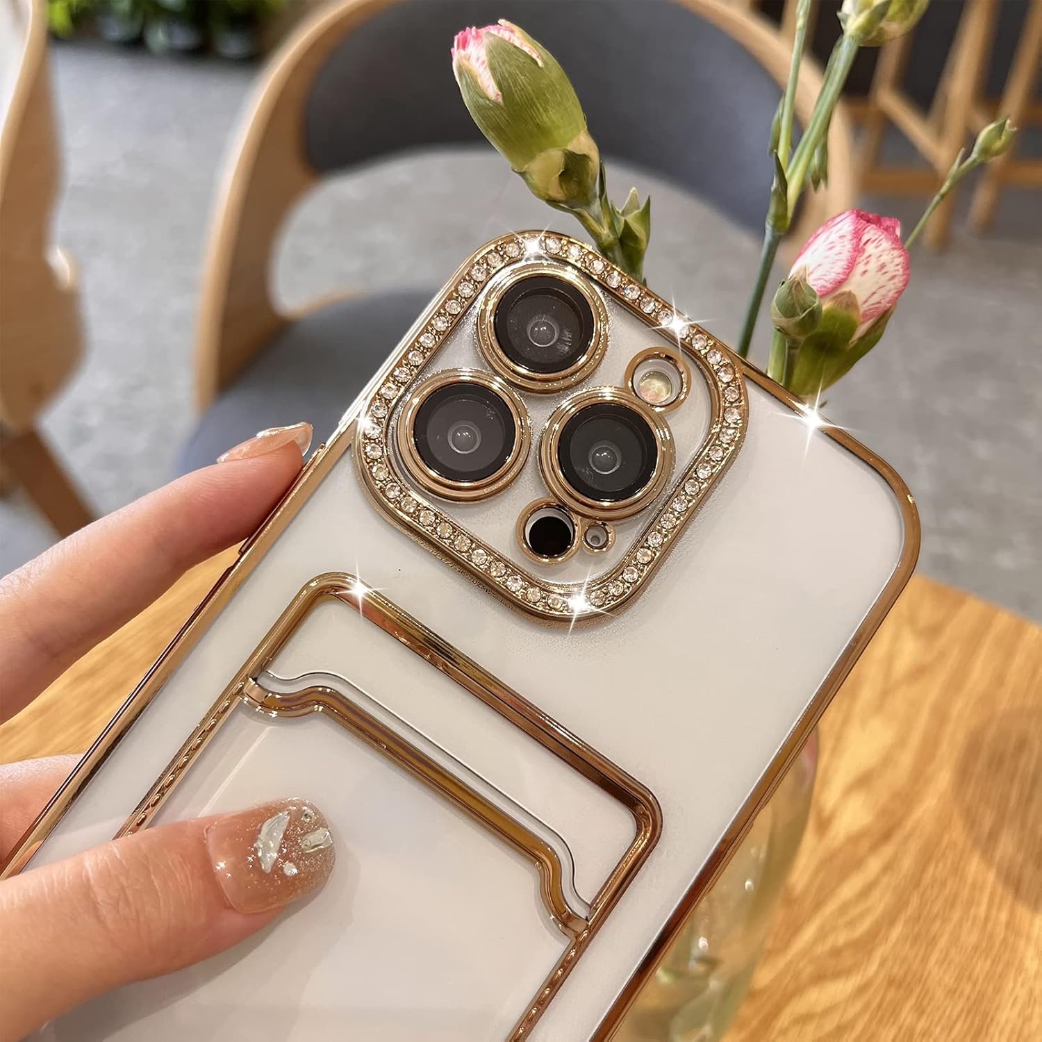 MZELQ Funda tipo cartera chapada para iPhone 14 Pro, tarjetero con diamantes con purpurina brillante, protección para cámara, funda de lujo + 2
