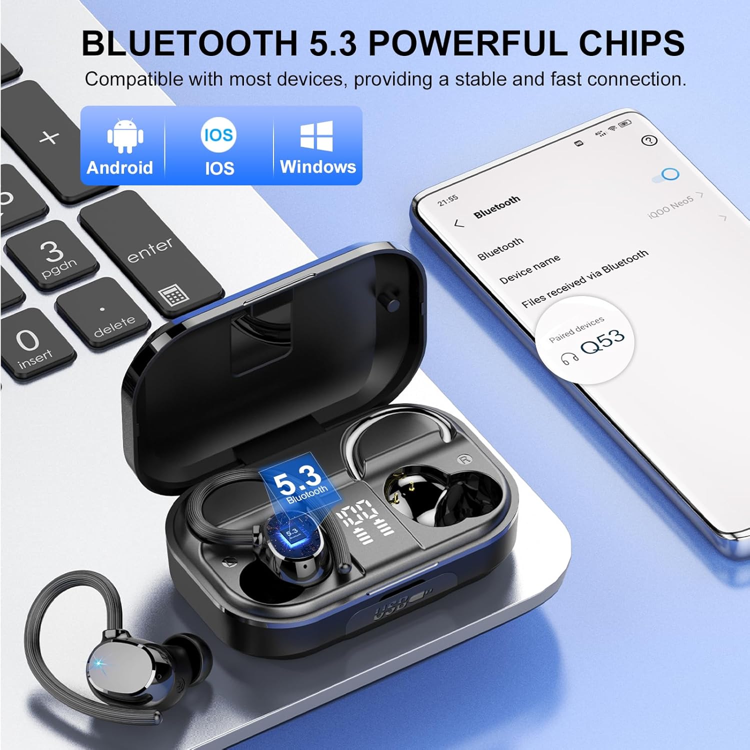 Auriculares inalámbricos Bluetooth 120 horas de tiempo de reproducción, auriculares inalámbricos estéreo de alta fidelidad con micrófono HD, graves