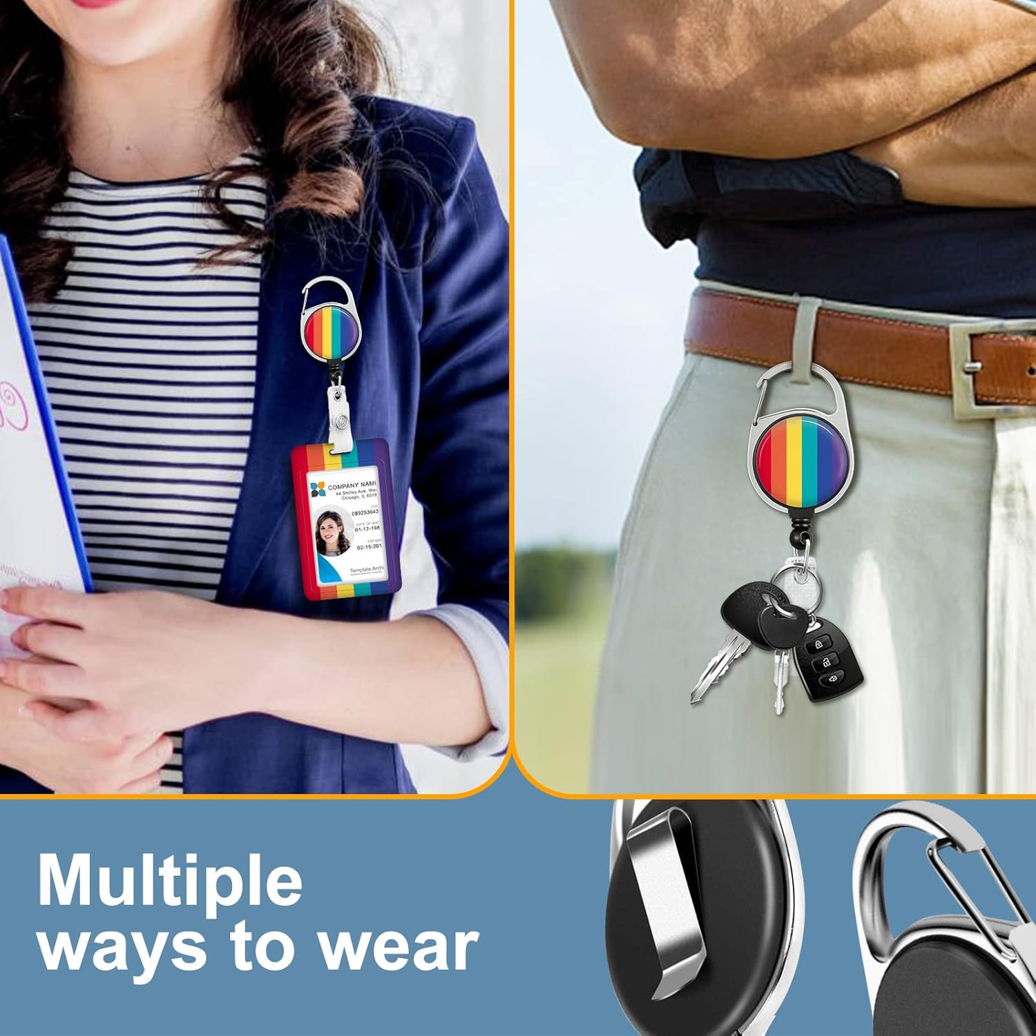 Plifal Portatarjetas con carrete retráctil, etiqueta de identificación de arco iris, clip de insignia de trabajo, colorido, resistente, vertical,