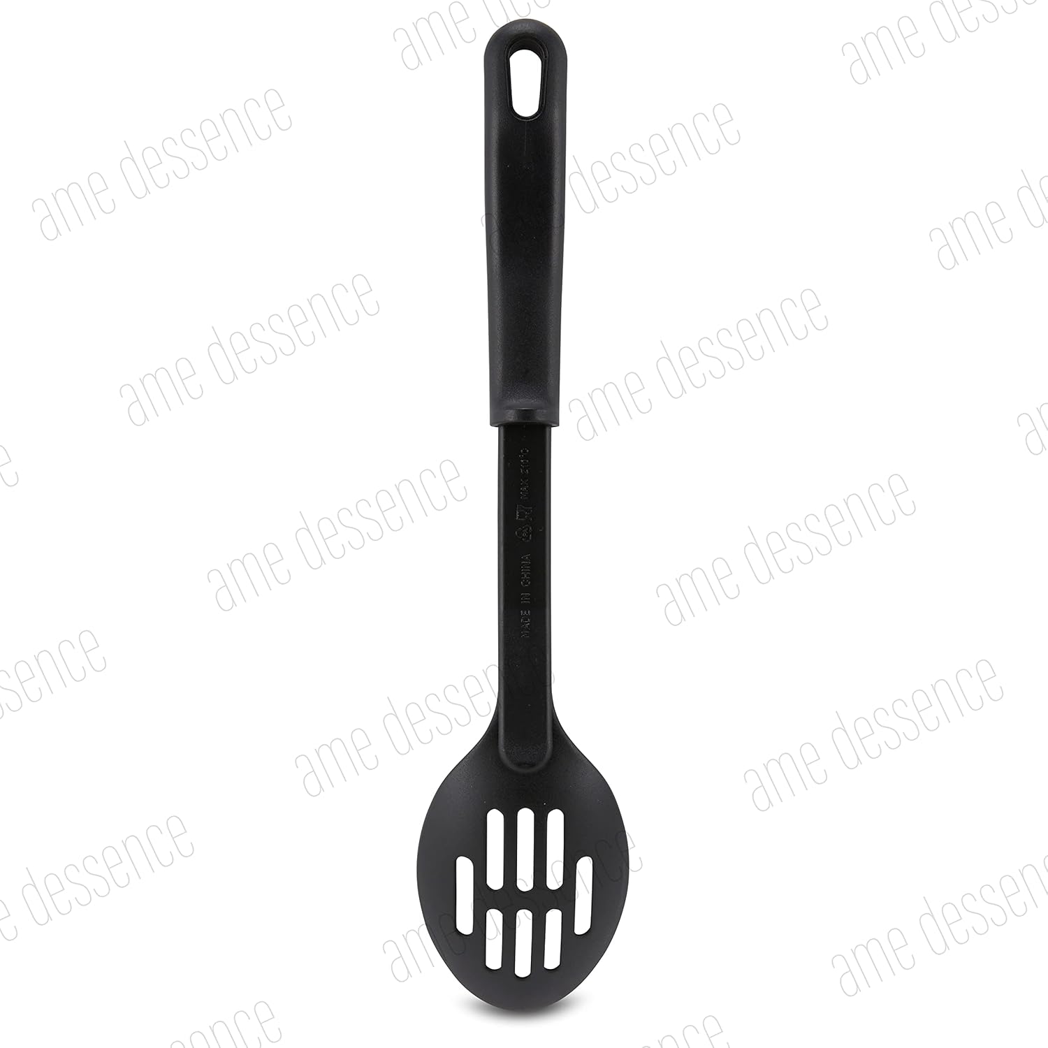 AME D’ESSENCE Cuchara de cocina ranurada de 11 12 pulgadas, nailon negro, 410F, resistente al calor, cuchara para servir con mango ergonómico,